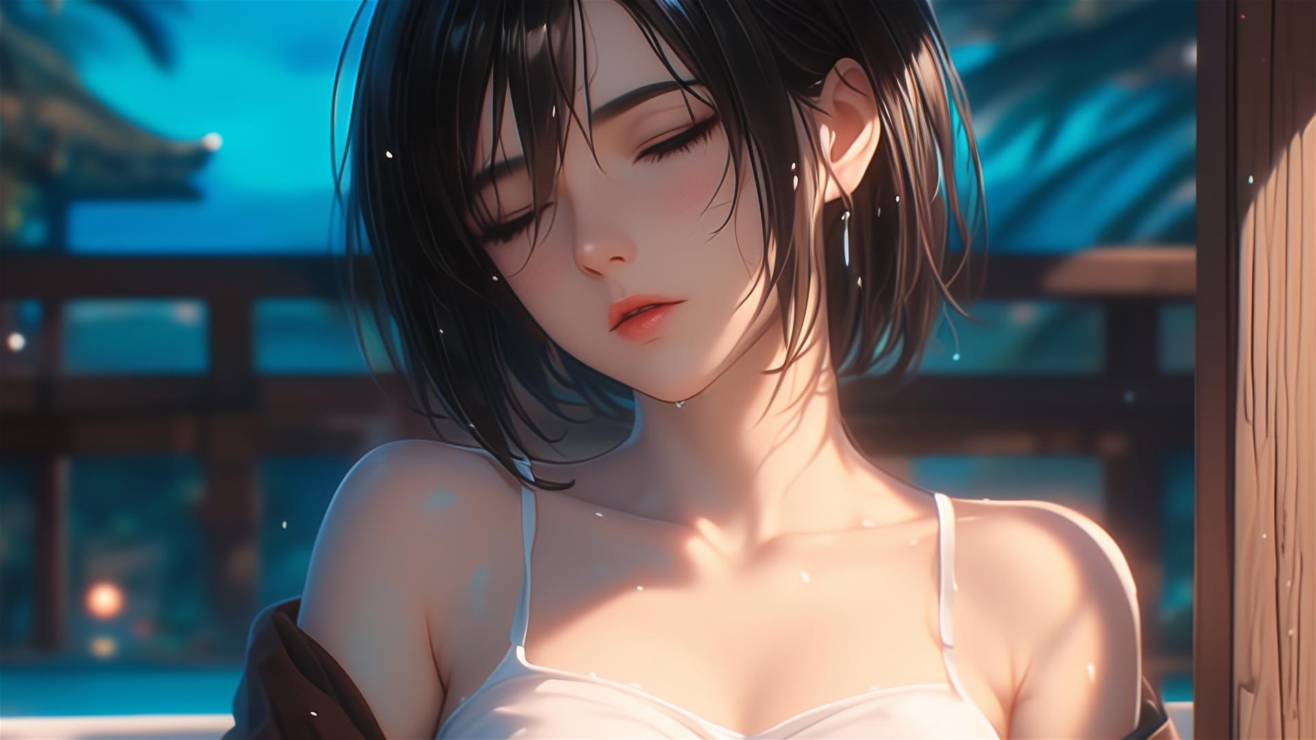 Mikasa Ackerman from Attack on Titan in tub with moonlight glow