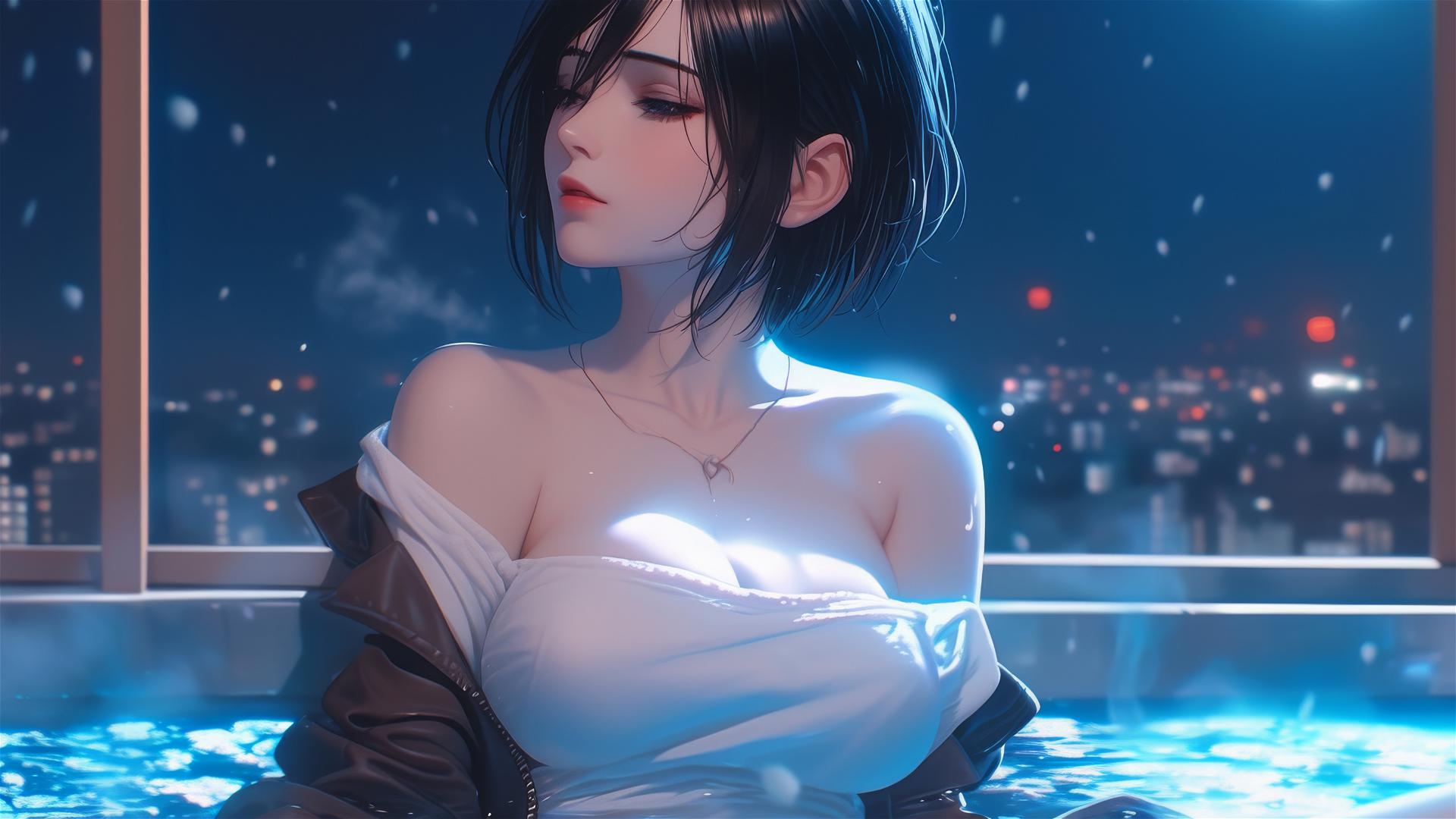 Mikasa Ackerman from Attack on Titan resting in tub with moonlight casting a soft glow