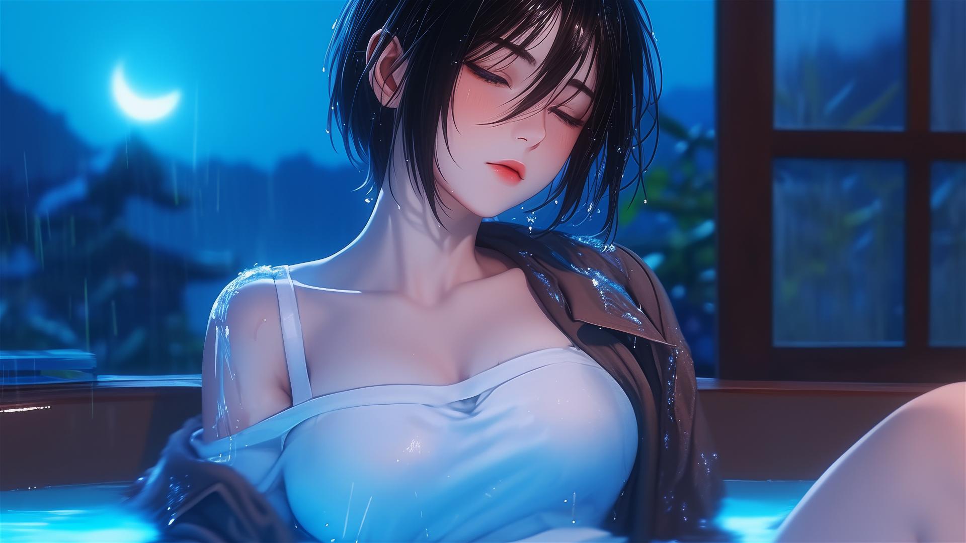 Mikasa Ackerman from Attack on Titan in tub, moonlit figure through window, with short hair