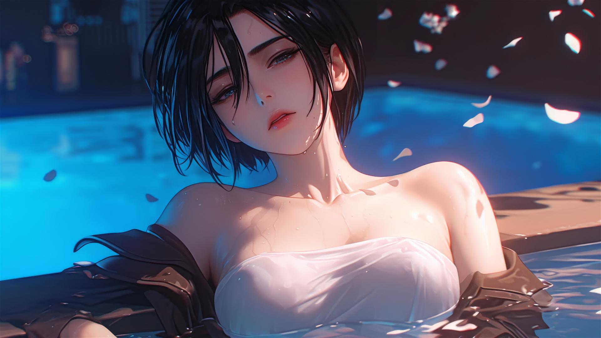 Mikasa Ackerman resting in moonlit bath
