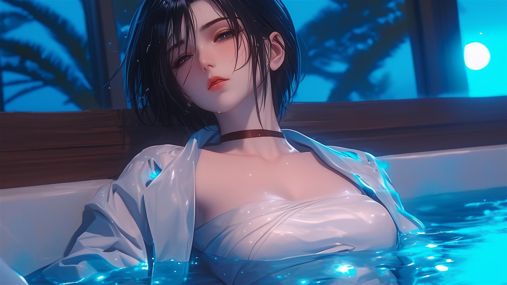 Mikasa Ackerman relaxing in a moonlit tub
