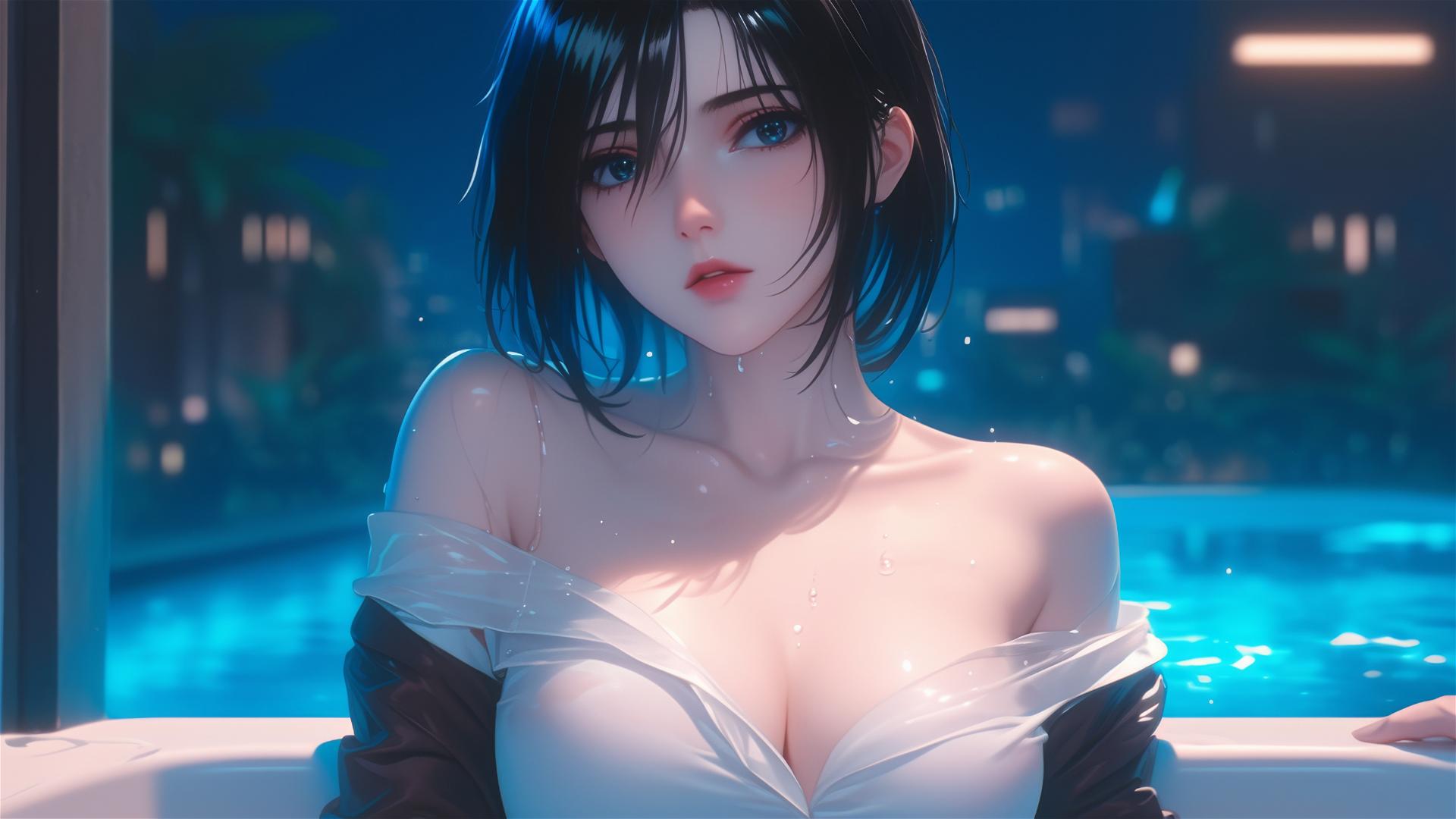 Mikasa Ackerman from Attack on Titan resting in apartment tub, moonlight bathing her short-haired figure