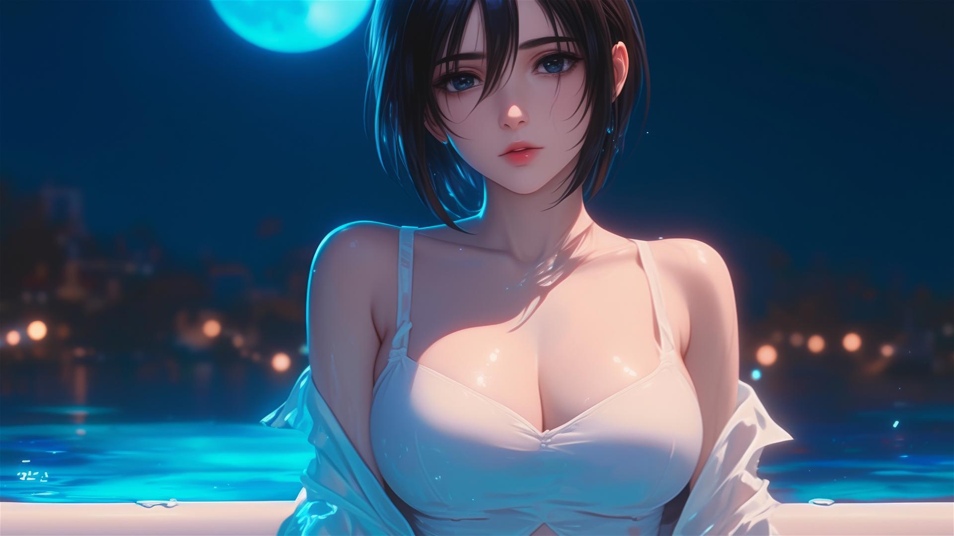 Mikasa Ackerman from Attack on Titan resting in a tub under moonlight