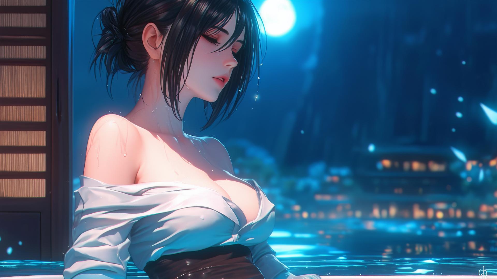 Mikasa Ackerman resting in tub with moonlight glow through the window