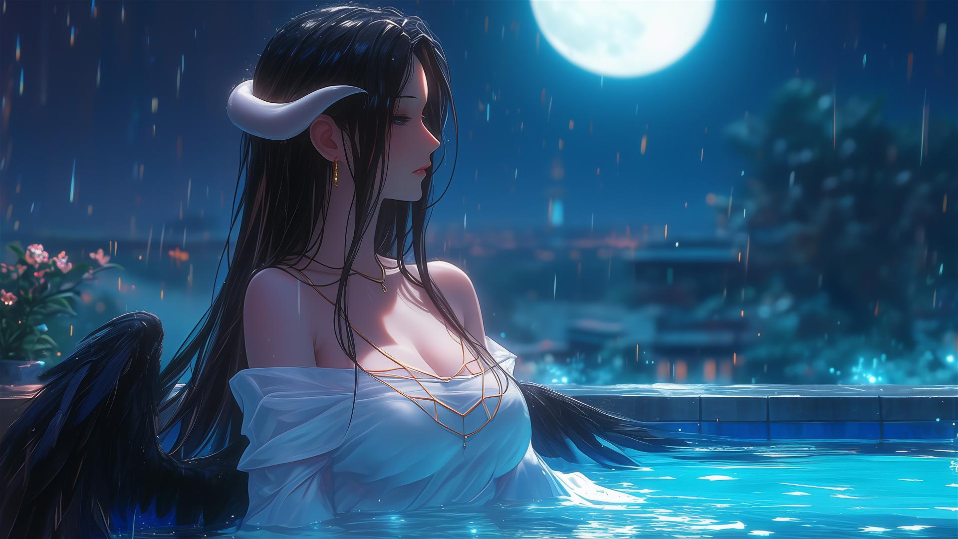 Albedo from Overlord resting in a tub, moonlight illuminating her figure
