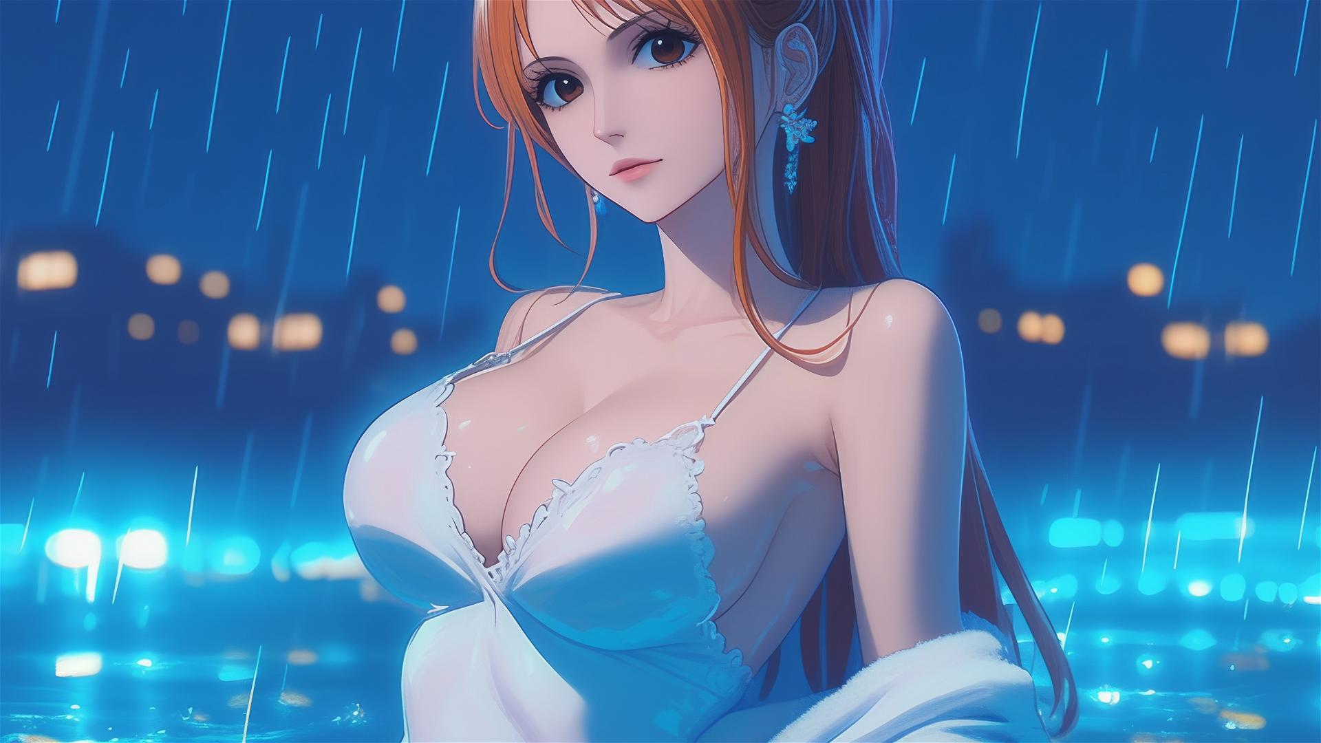 Nami from One Piece relaxing in tub by moonlight, with rain, orange hair, light brown eyes