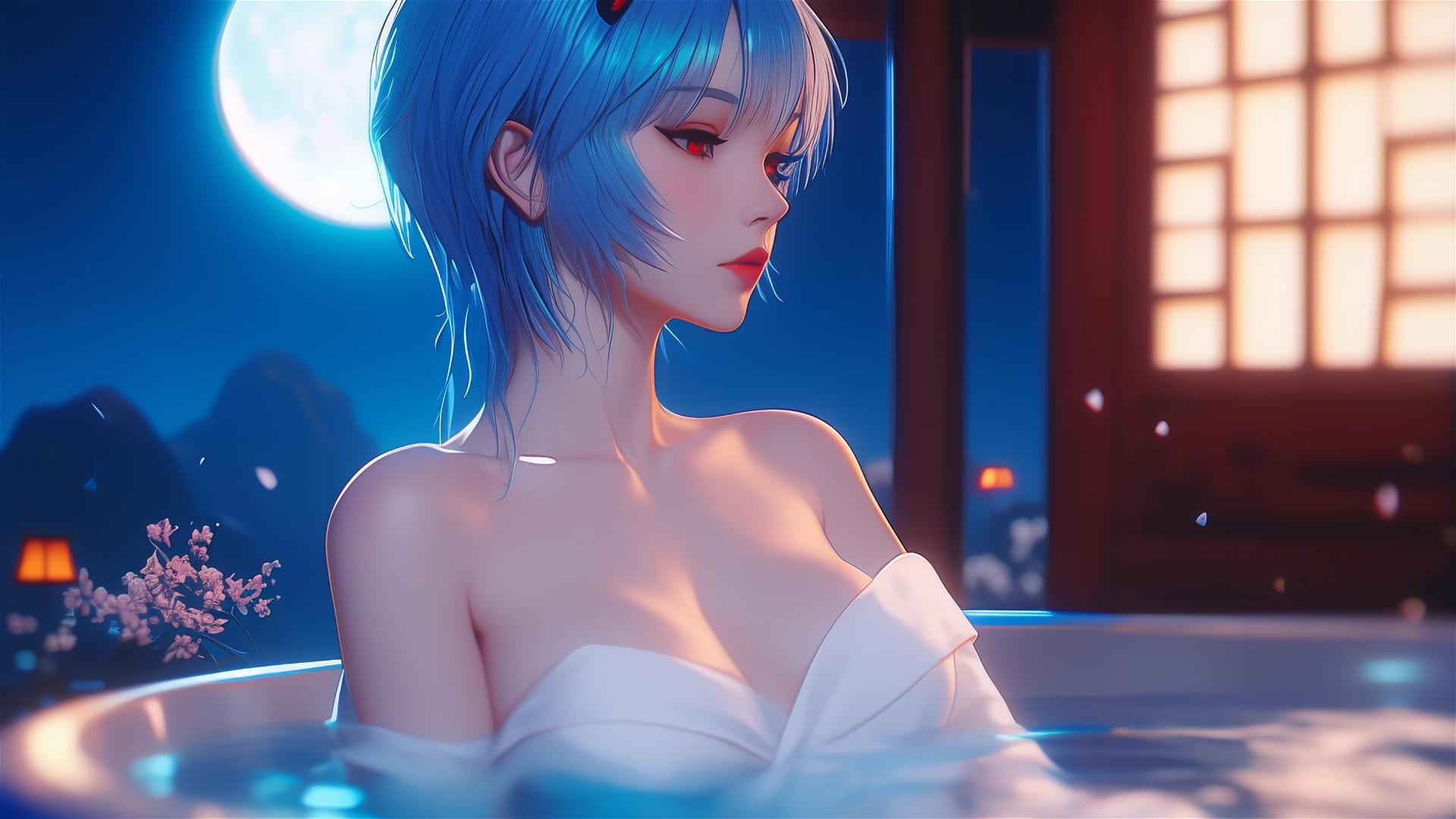 Rei Ayanami from Neon Genesis Evangelion, resting in her apartment's tub under moonlight, with short blue hair