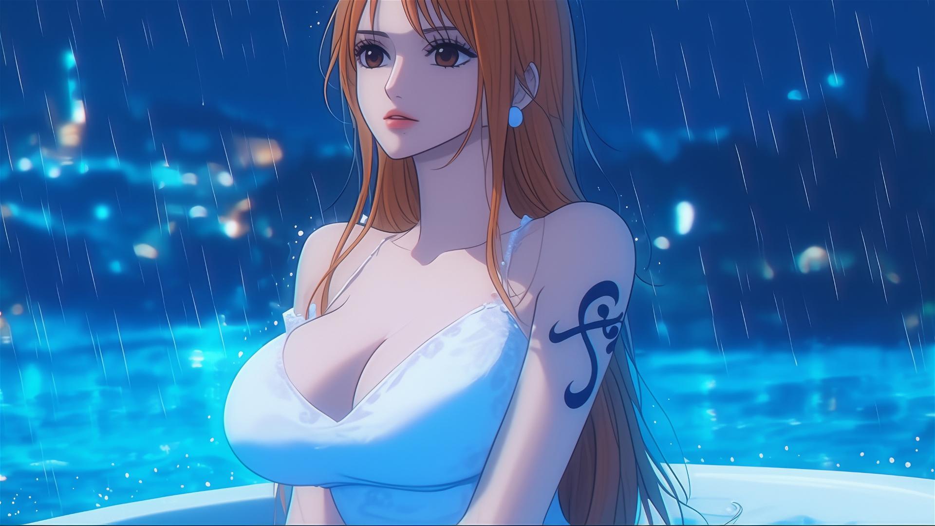 Nami from One Piece, resting in tub under moonlight in an apartment during rain, orange haired with light brown eyes