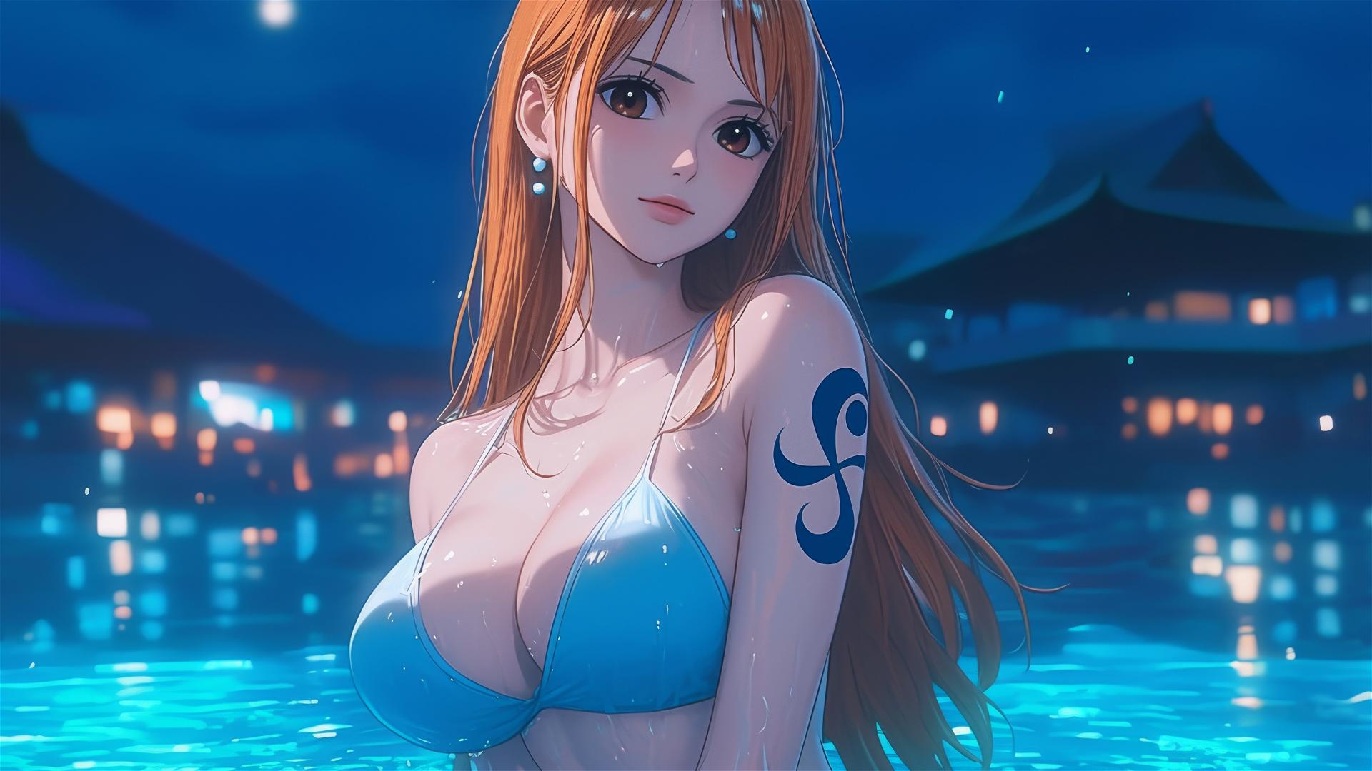 Anime character Nami from One Piece relaxing in a tub under moonlight during rain with orange hair and light brown eyes