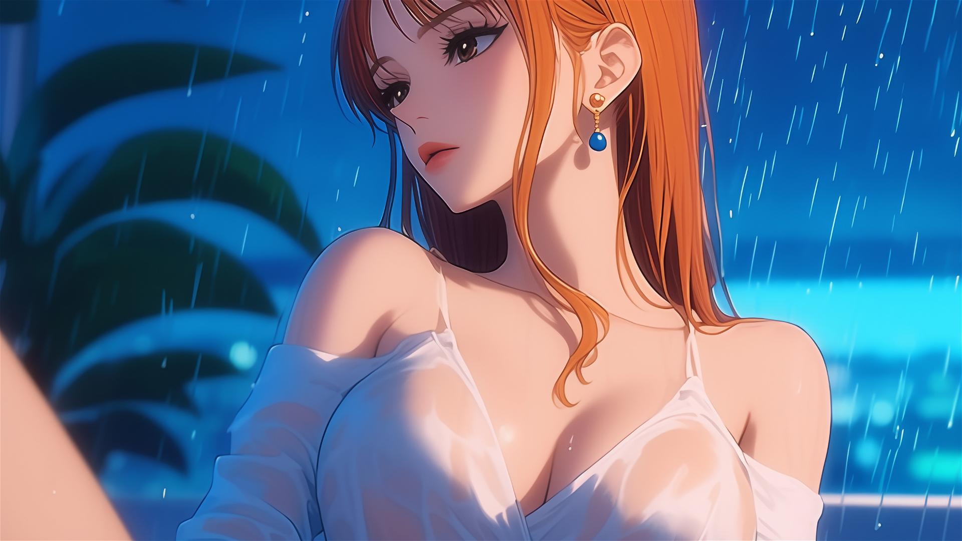 Nami from One Piece, resting in tub under moonlight in a rainy night, with her orange hair and light brown eyes