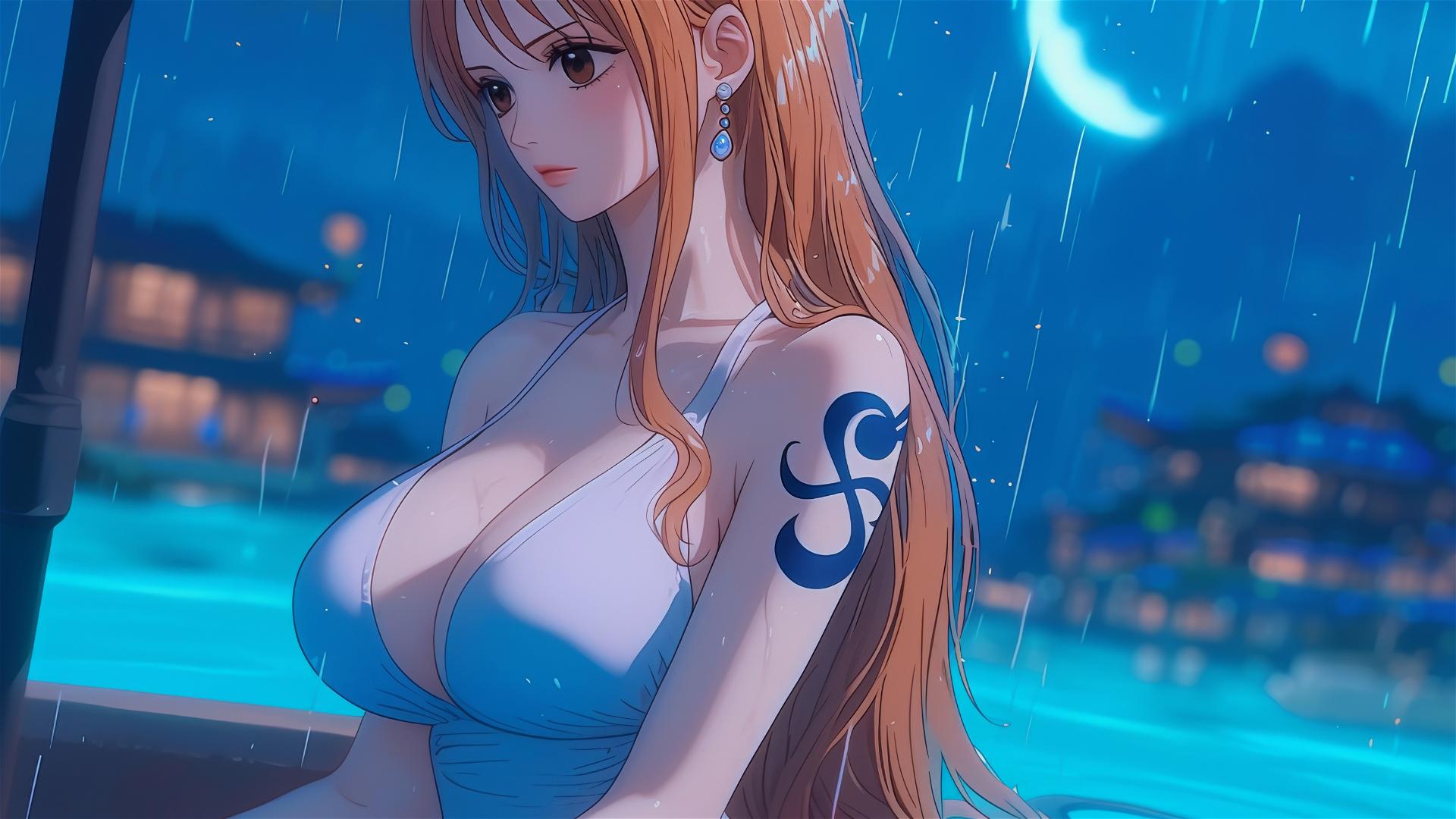 Anime character Nami from One Piece resting in a tube, moonlight illuminating her orange hair, in a rainy setting