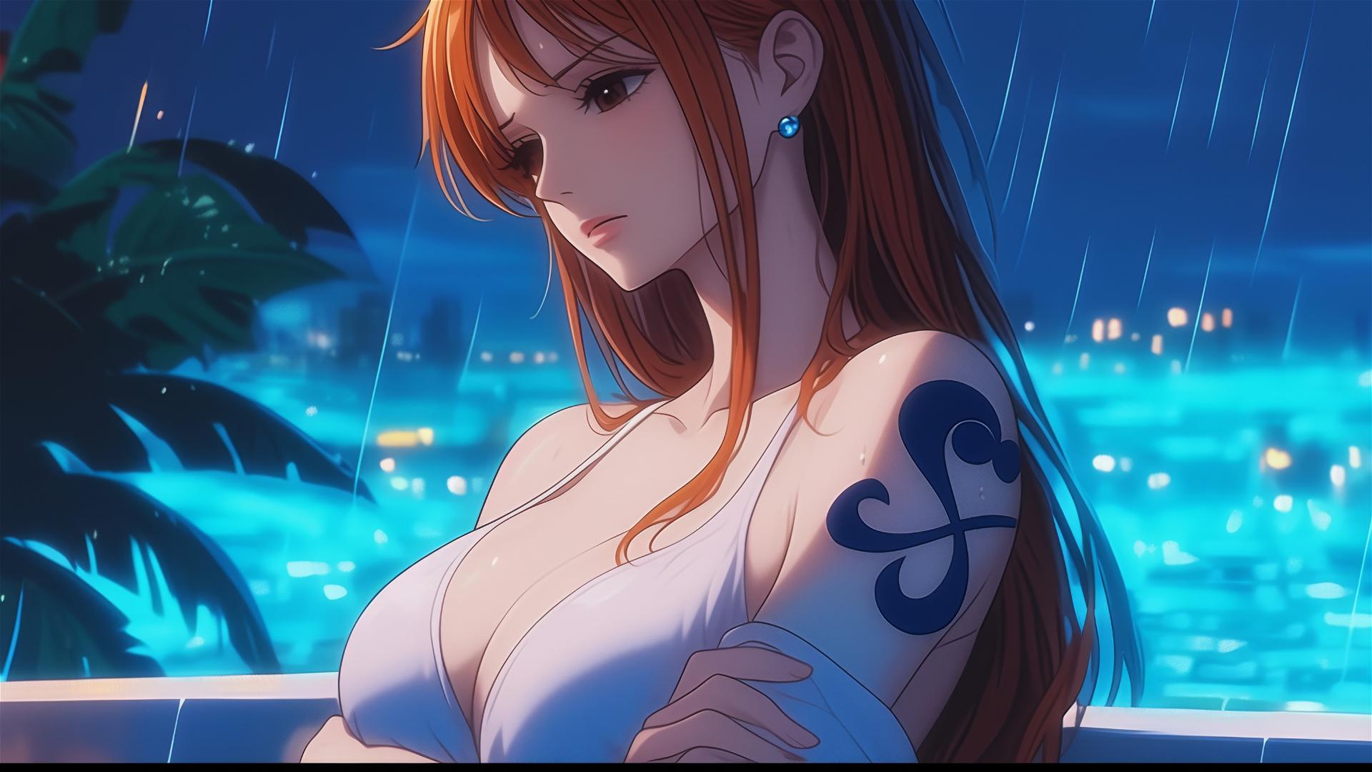 Anime character, Nami from One Piece, resting in a bathtub with moonlight glow, in a rainy setting