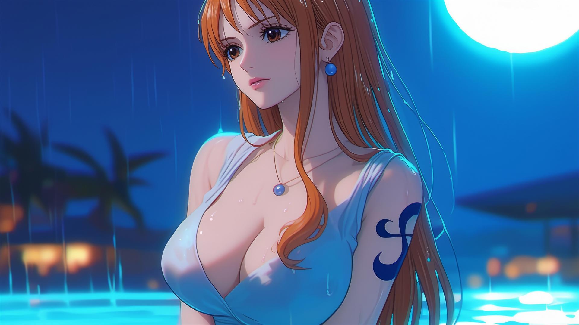Nami from One Piece, resting in her apartment's tub under moonlight, on a rainy night