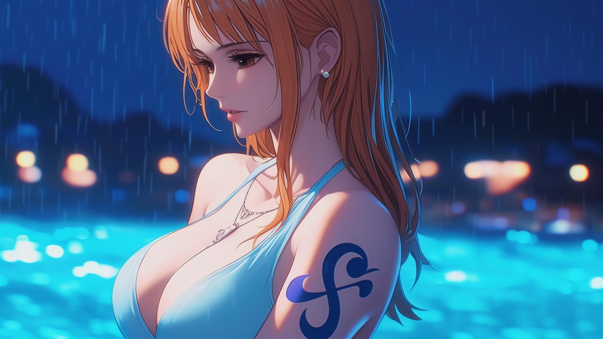 Nami from One Piece, resting in a tub in her apartment under moonlight, in a rainy setting, featuring orange hair and light brown eyes.