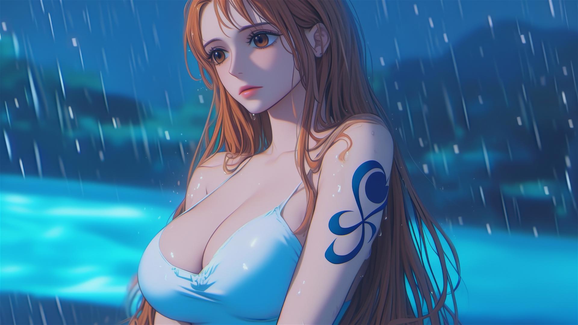 Anime character Nami from One Piece, relaxing in her apartment's tub with moonlight bath and rain outside.