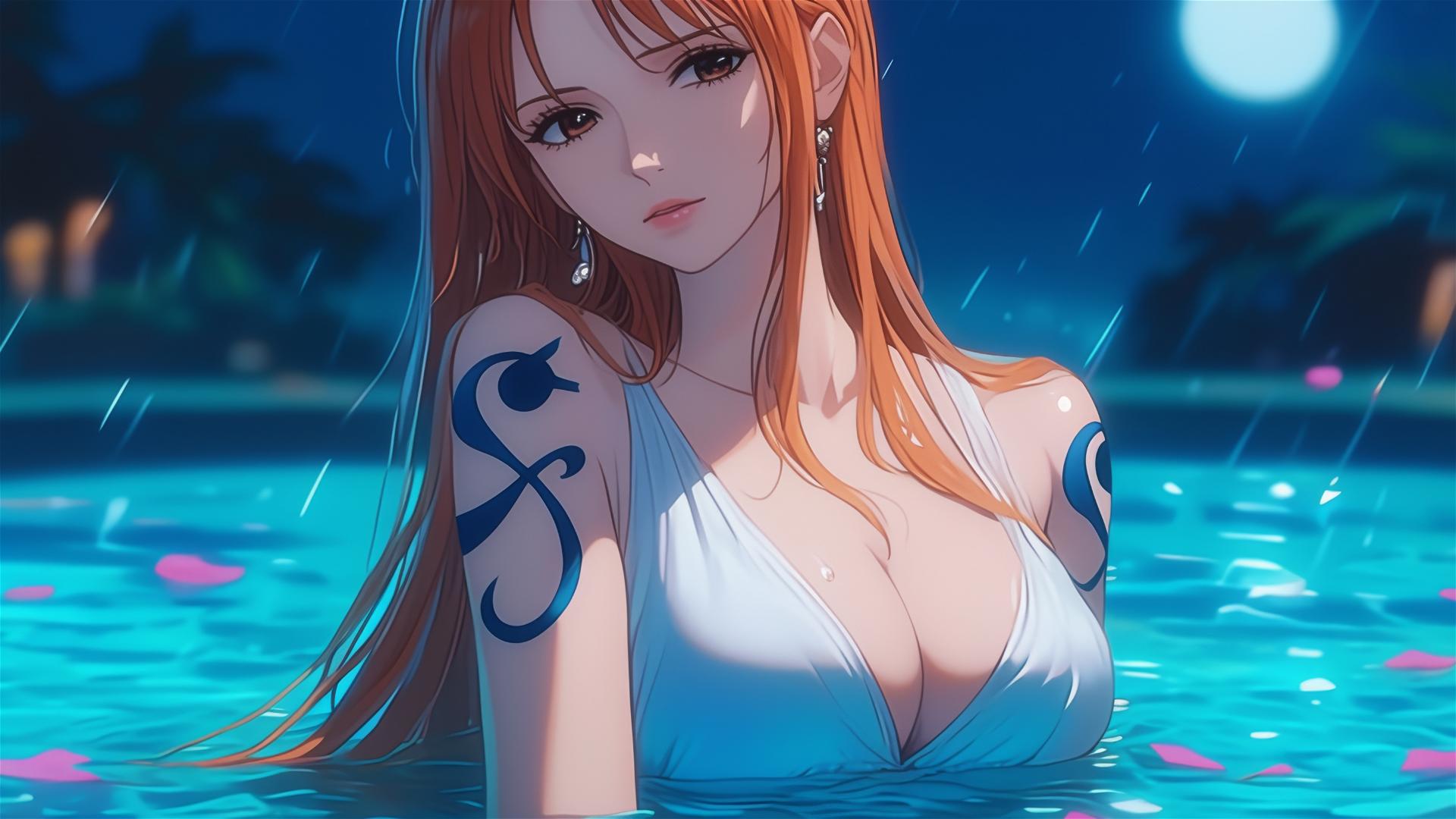 Anime character Nami from One Piece leisurely resting in her apartment tub under moonlight during rain