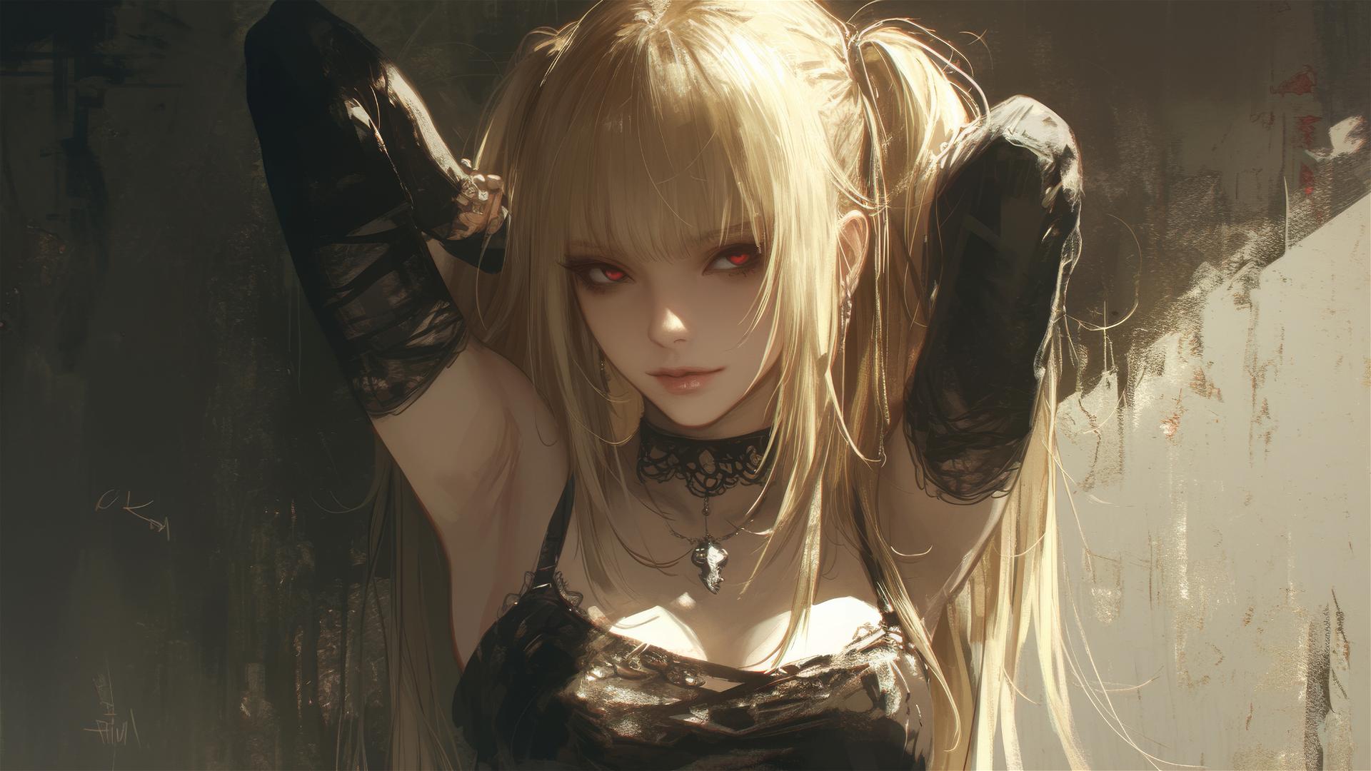 Misa Amane from Death Note in a dark, foggy atmosphere with captivating red eyes under a subtle spotlight