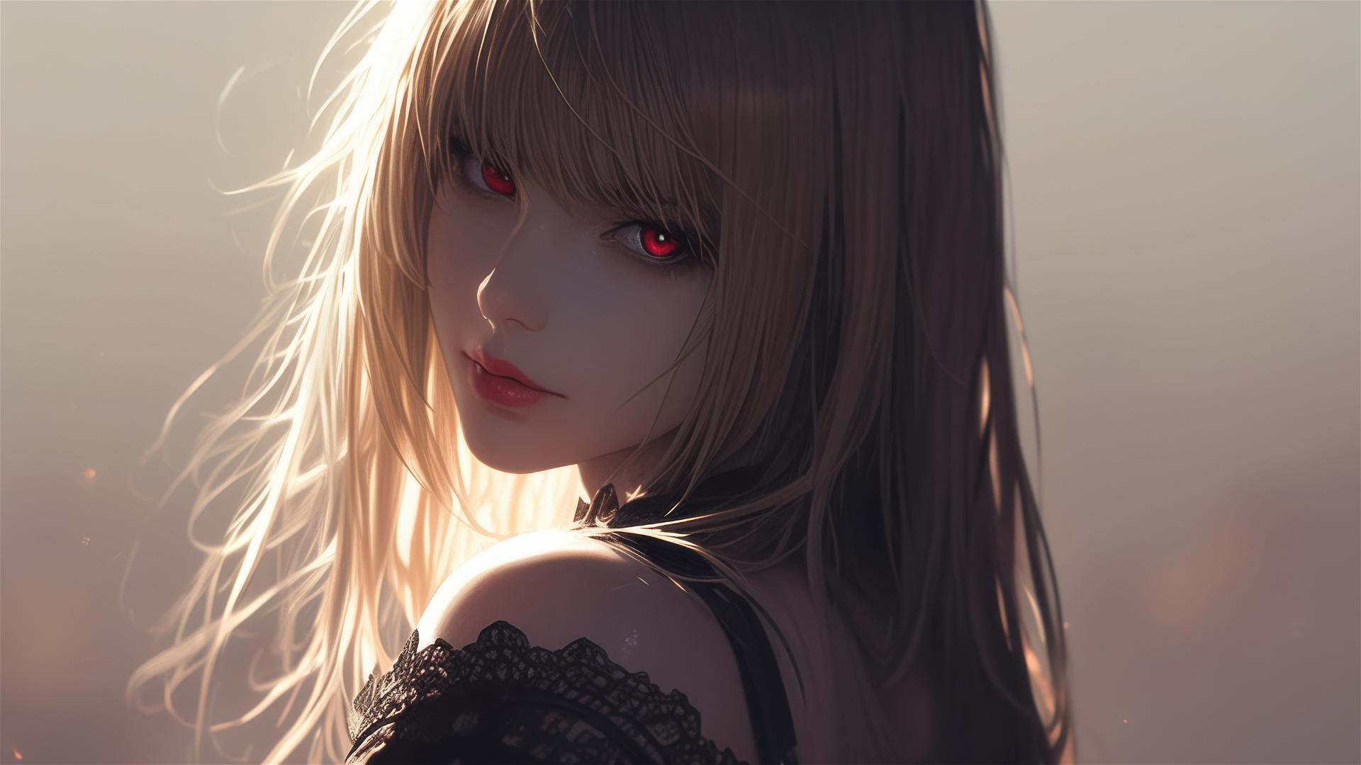 Misa Amane from Death Note in a dark, foggy atmosphere with captivating red eyes under a subtle spotlight