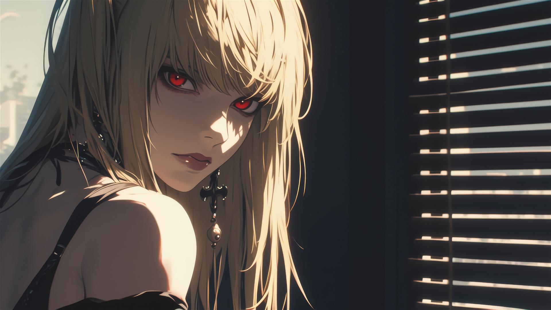 Dark, foggy scene featuring Misa Amane from Death Note looking over her shoulder with captivating red eyes in a subtle spotlight