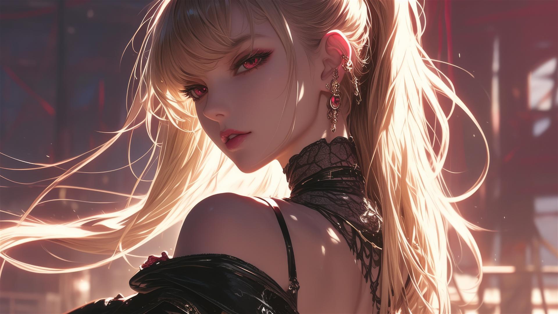 Misa Amane with red eyes in dark foggy setting