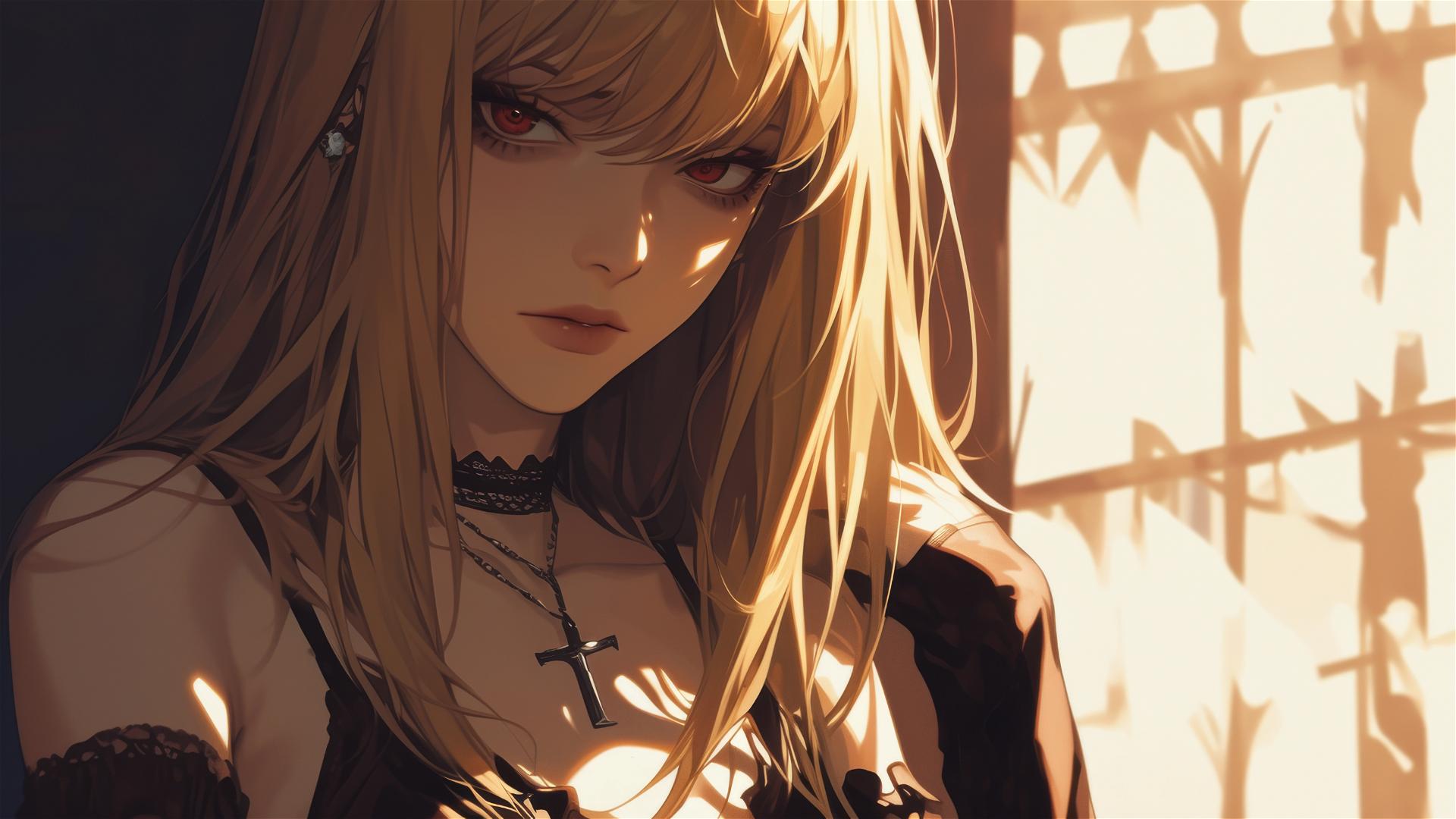 Misa Amane from Death Note in a dark, foggy atmosphere with captivating red eyes in a subtle spotlight