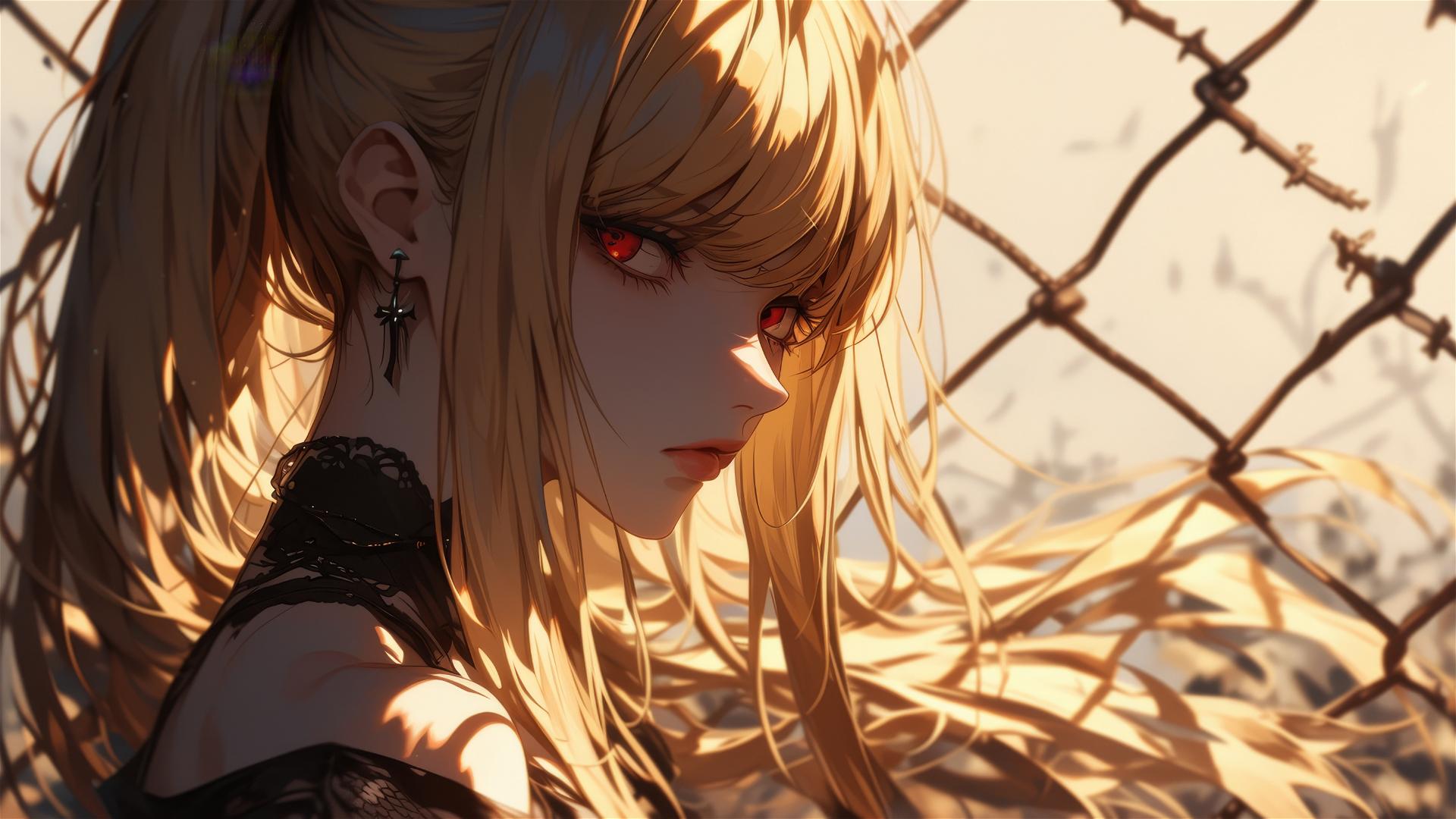 Misa Amane from Death Note with glowing red eyes in a contemplative stance, spotlight from the side
