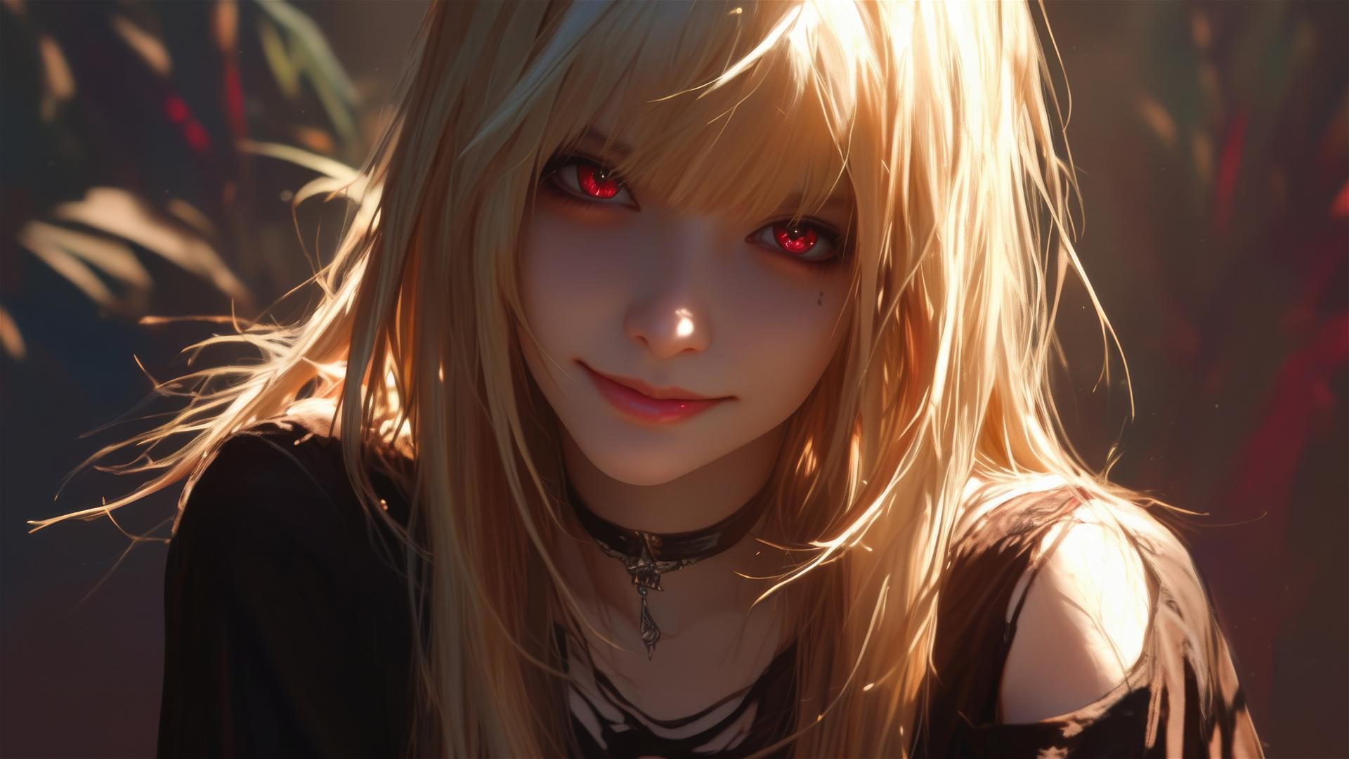 Misa Amane with red eyes and a captivating smile in a spotlight against a dark blur