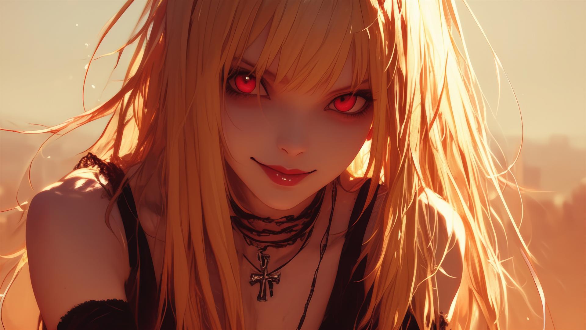 Misa Amane from Death Note with red eyes and a captivating smile in a dark, blurred background.