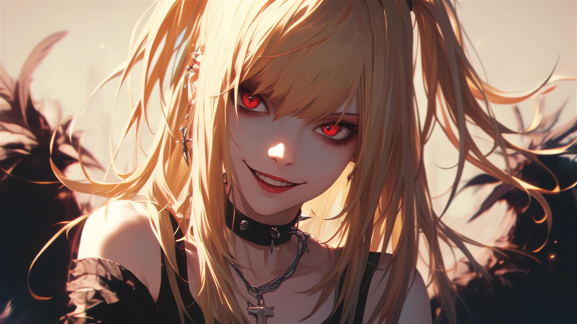 Misa Amane from Death Note with a captivating smile and piercing red eyes against a dark, blurred background under a spotlight