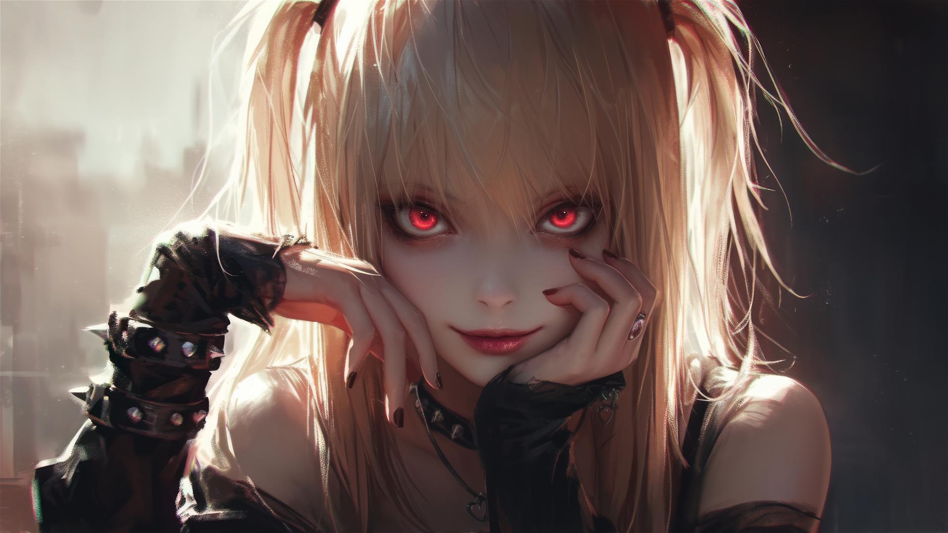 Misa Amane from Death Note in Dark Blurred Background with Captivating Smile and Piercing Red Eyes