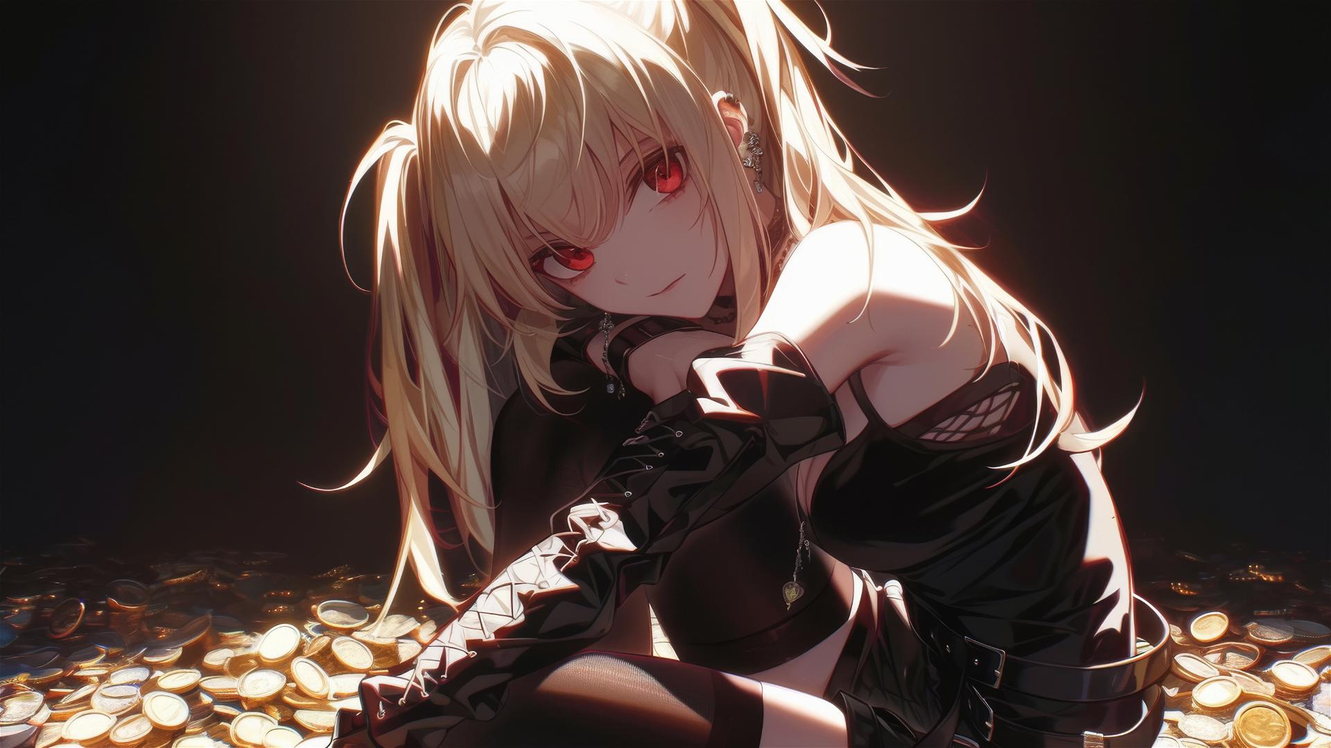 Isolated shot of Misa Amane from Death Note on a dark background, posing dynamically with spotlight effect, highlighting thigh. Her red eyes are visibly intense.