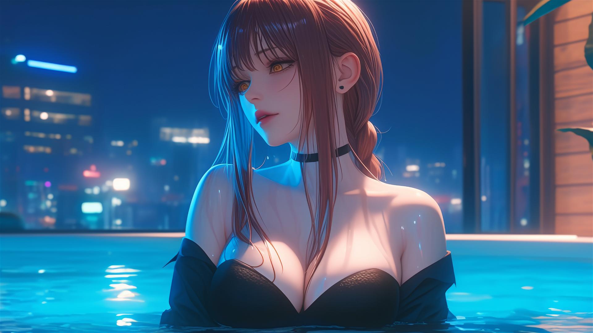 Anime character Makima from Chainsaw Man relaxing in apartment tub under moonlight