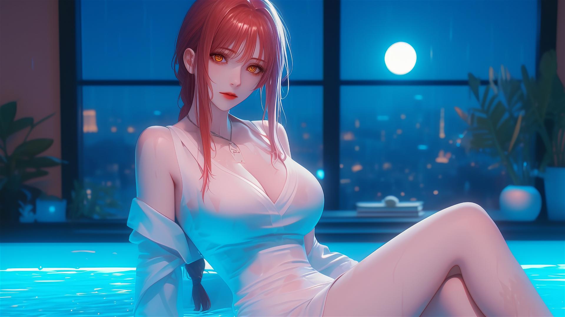Makima from Chainsaw Man resting in tub under moonlight glow