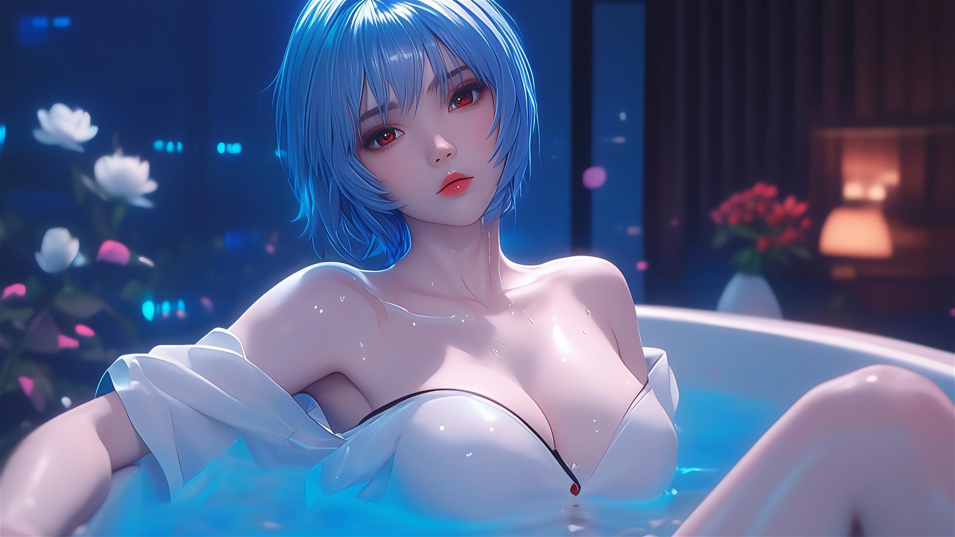 Anime character Rei Ayanami in bathtub with moonlight glow