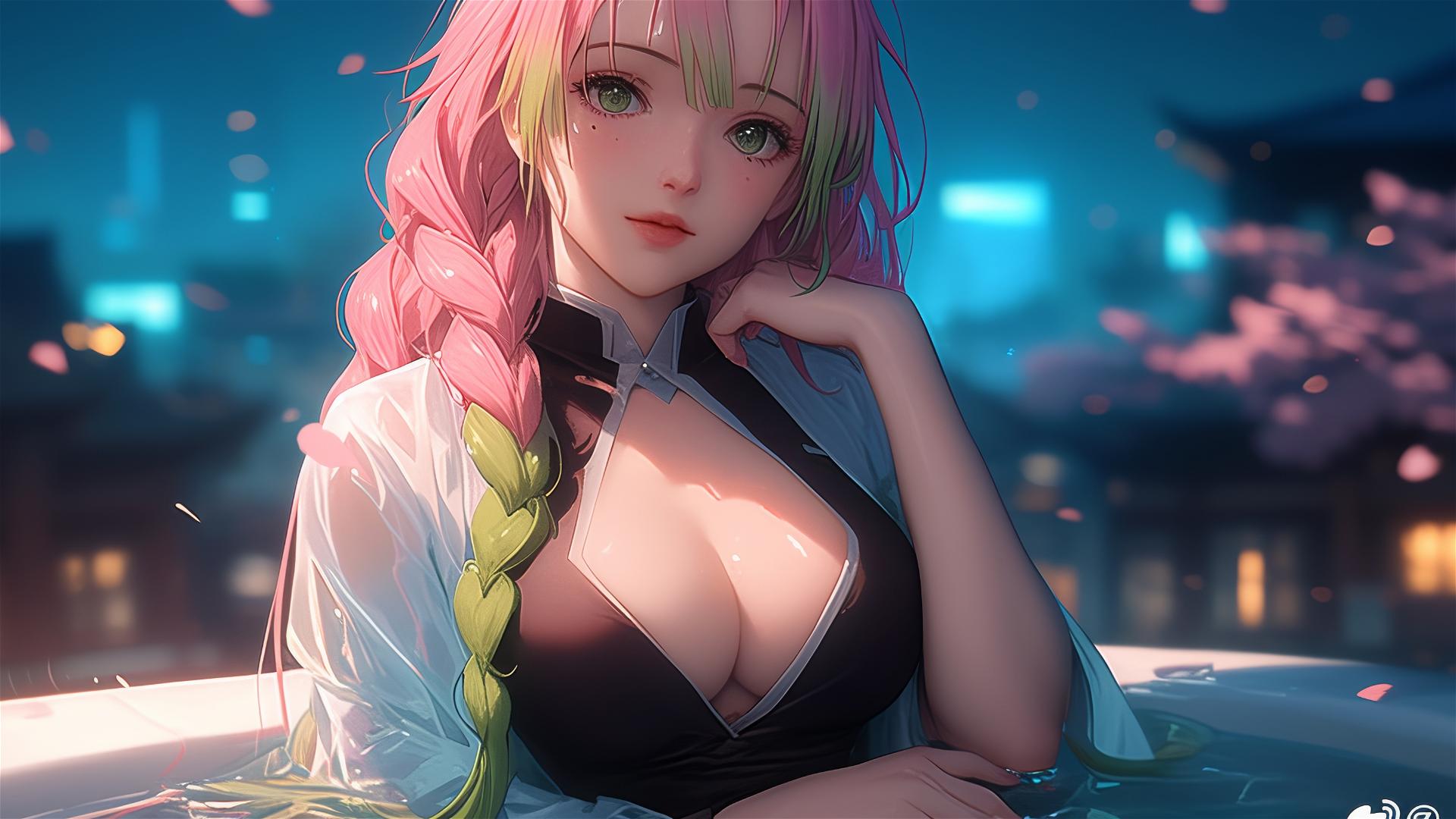 Mitsuri Kanroji of Demon Slayer in her apartment tub under moonlight, with unique pink to lime green hair.