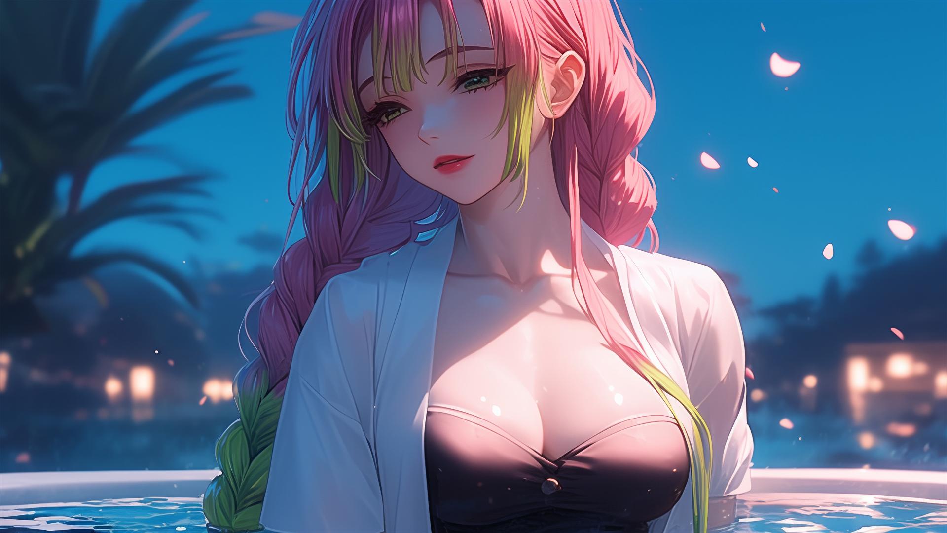 Mitsuri Kanroji from Demon Slayer in apartment tub under moonlight, with light pink hair fading into lime green