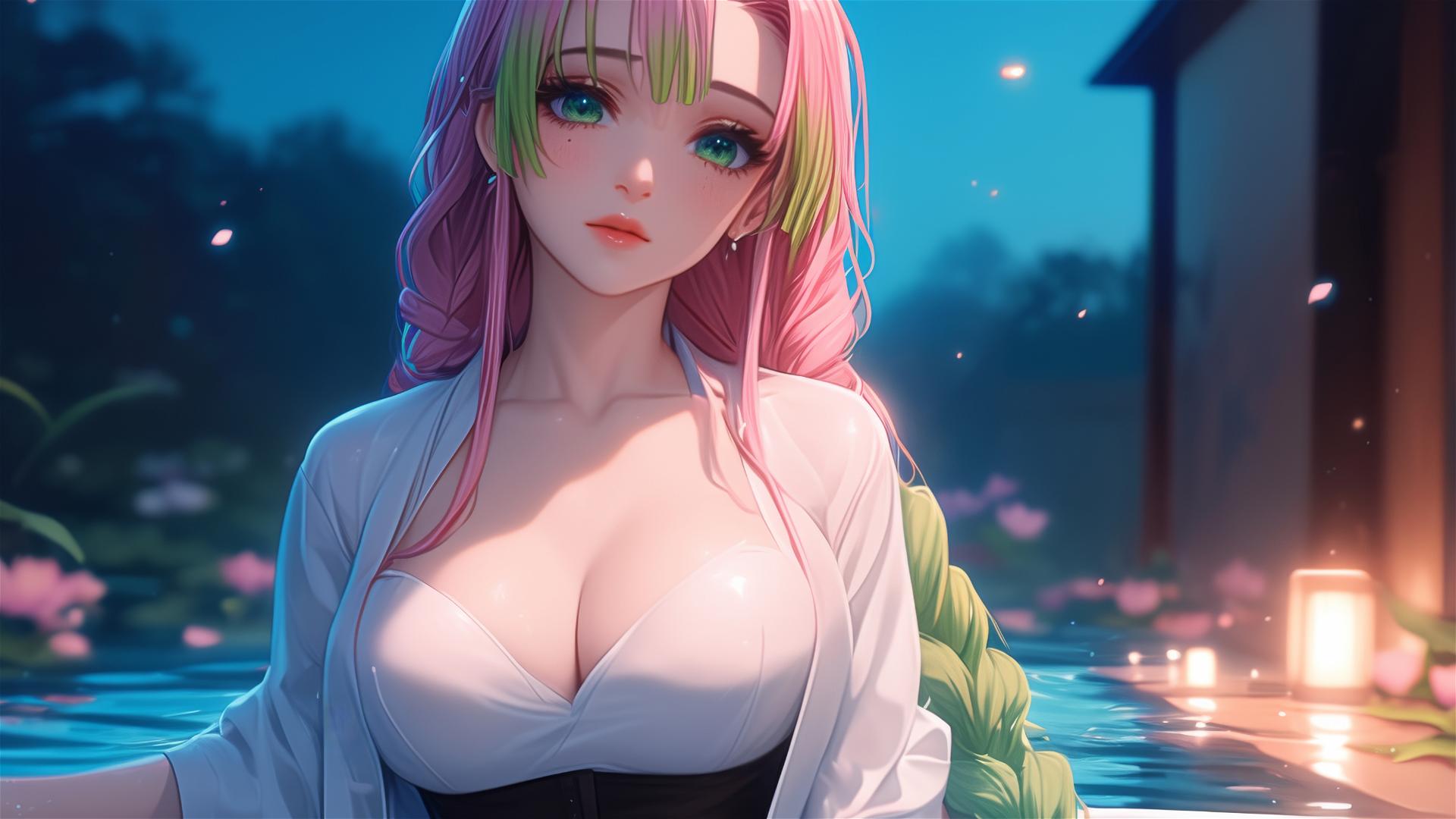 Mitsuri Kanroji of Demon Slayer resting in a tub under moonlight, with pink hair fading into lime green