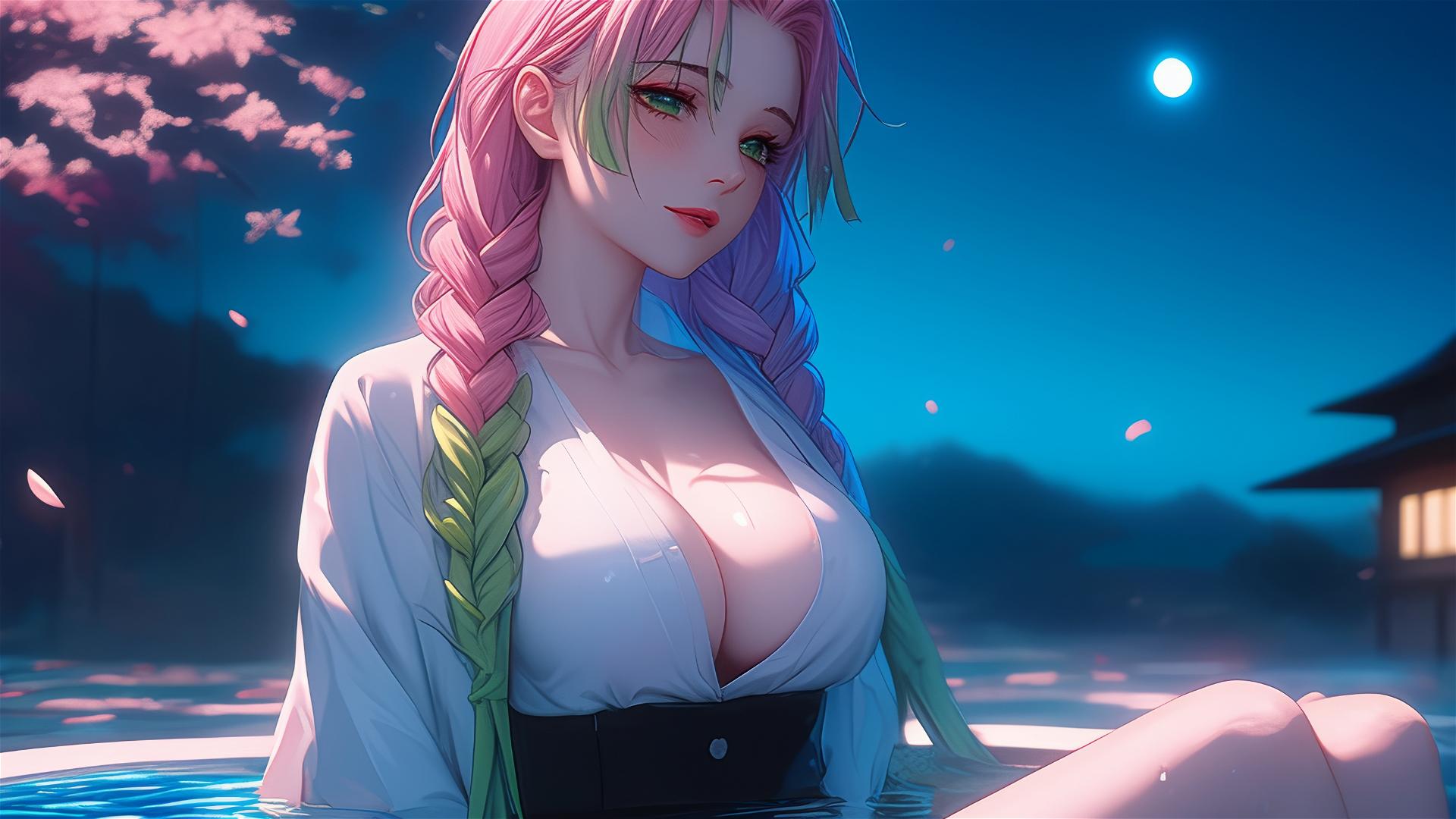 Mitsuri Kanroji from Demon Slayer resting in a tub with moonlight casting a glow, light pink hair fading into lime green