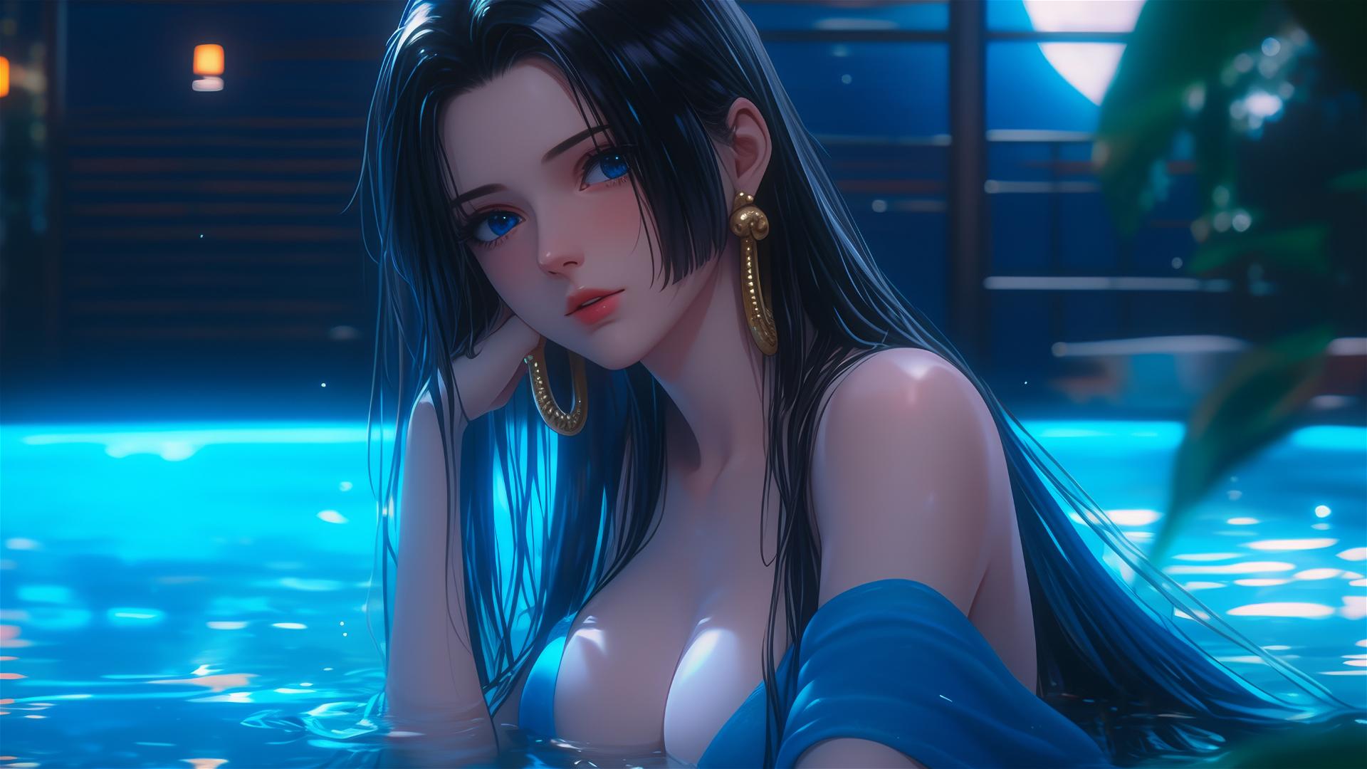 One Piece's Boa Hancock resting in tub under moonlight