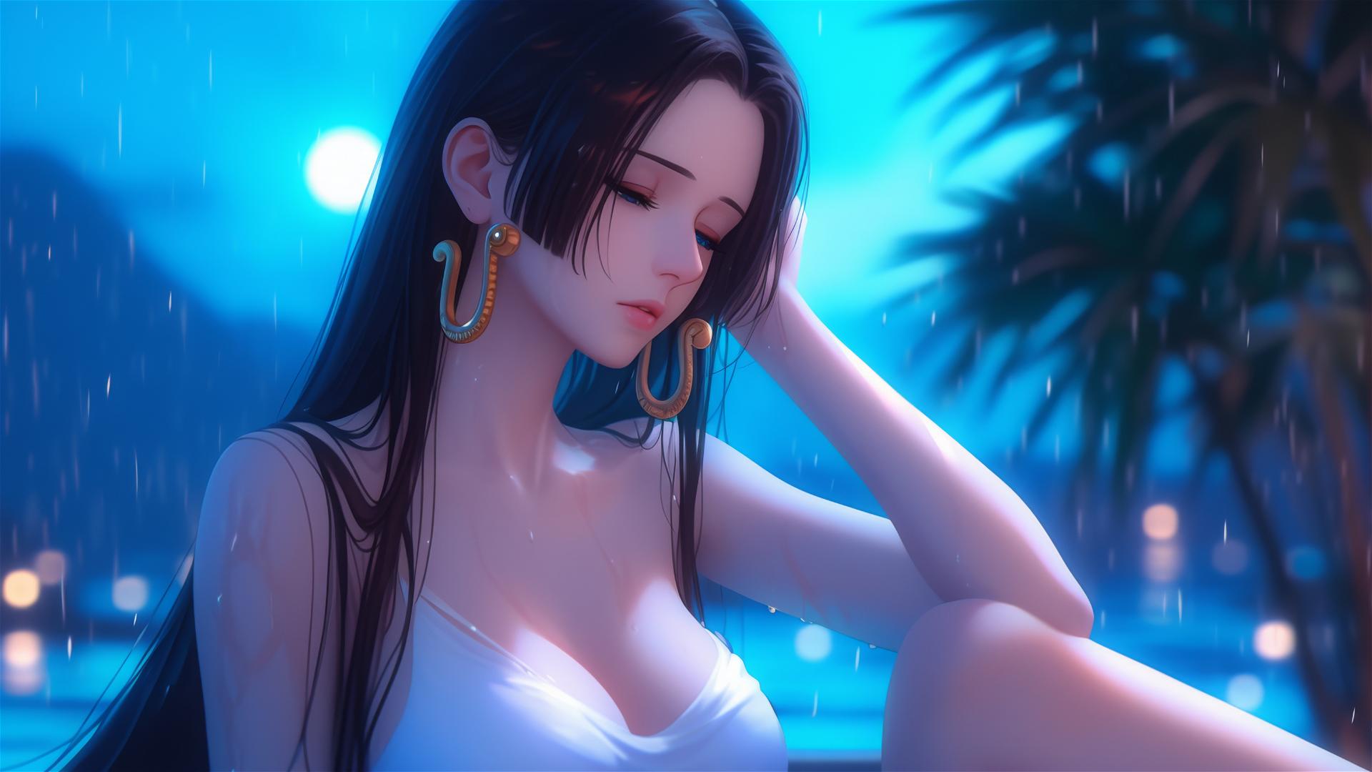 Boa Hancock from One Piece resting in a tub under moonlight