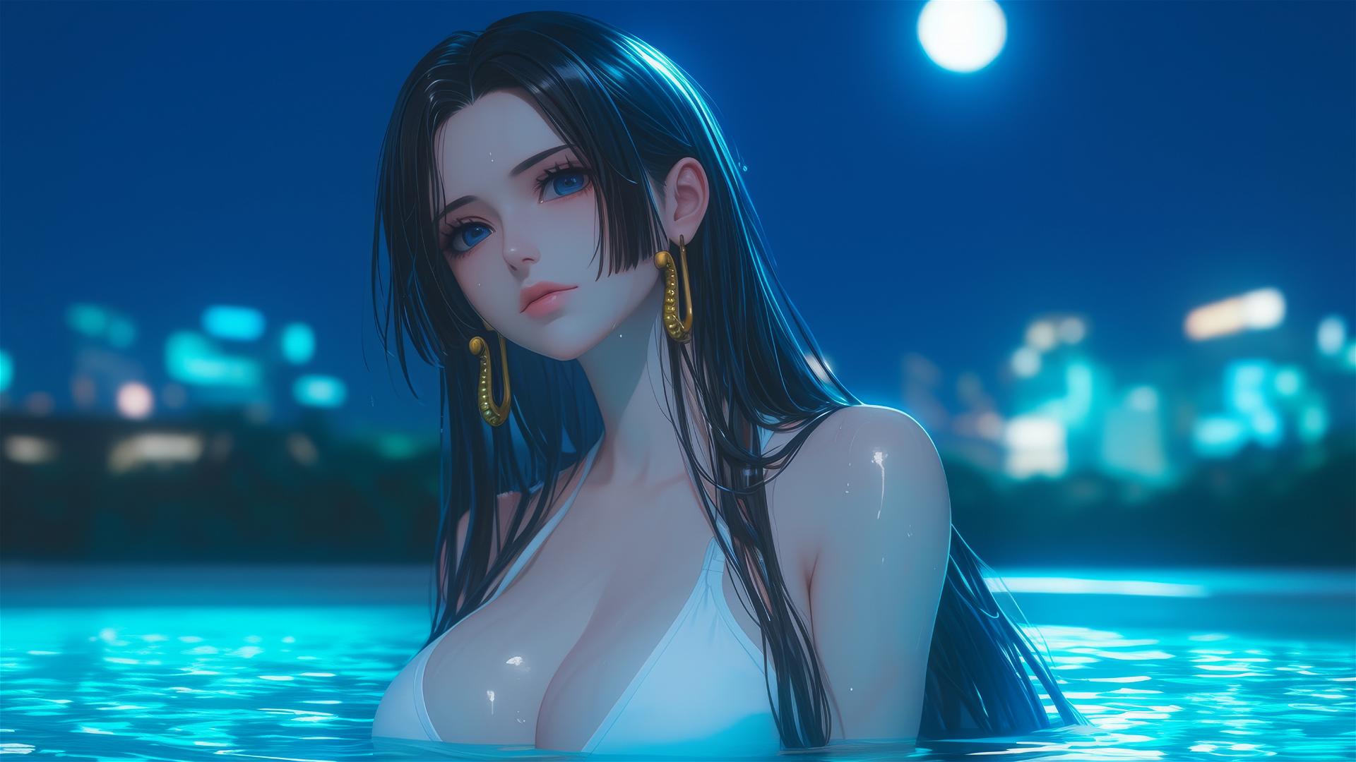 Boa Hancock from One Piece resting in the moonlit tub of her apartment