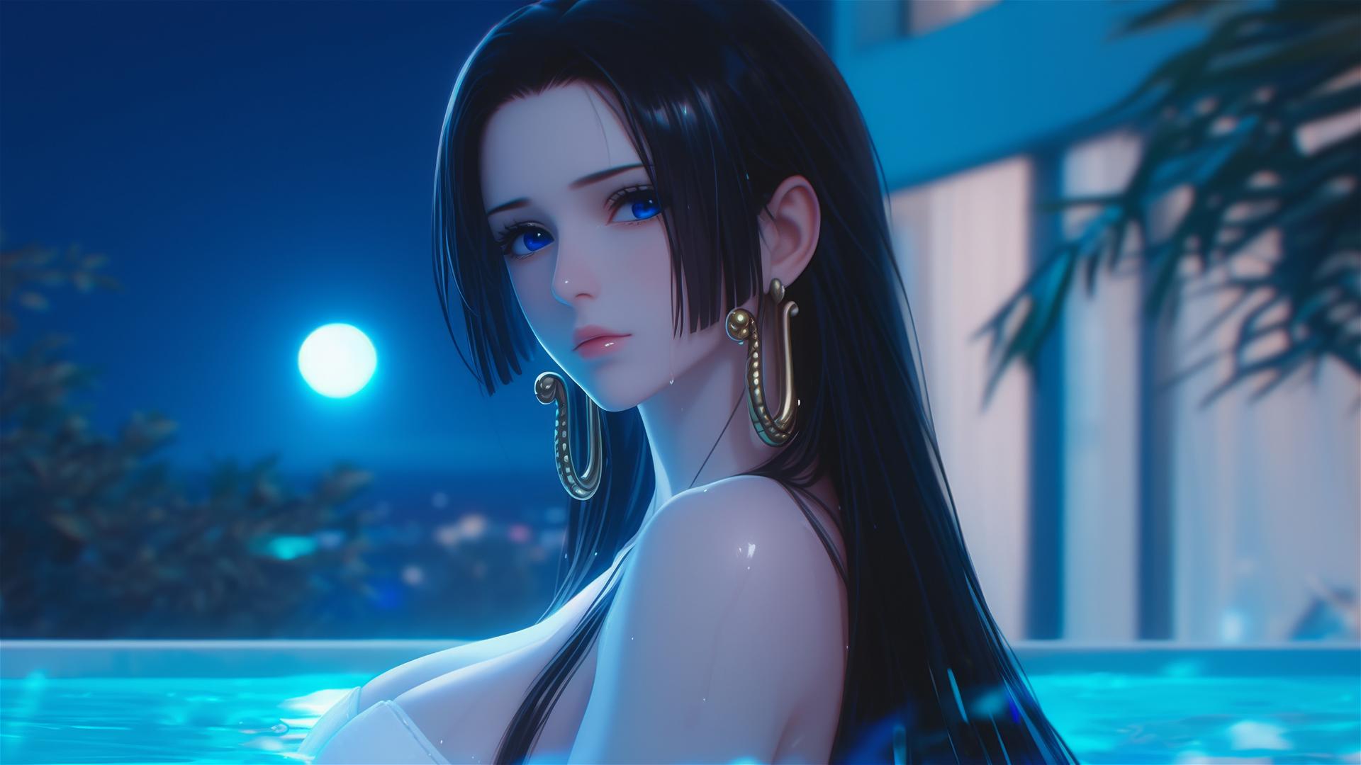 Boa Hancock from One Piece, resting in tub under moonlight