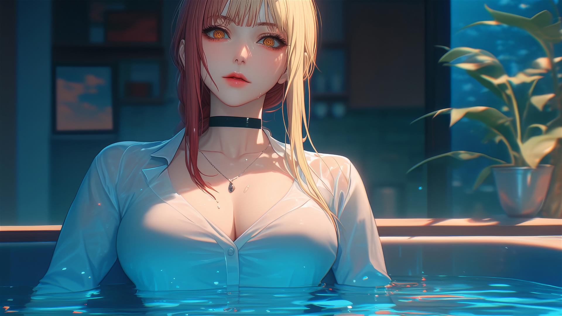 Makima from Chainsaw Man resting leisurely in apartment tub under moonlight, with blond and reddish hair