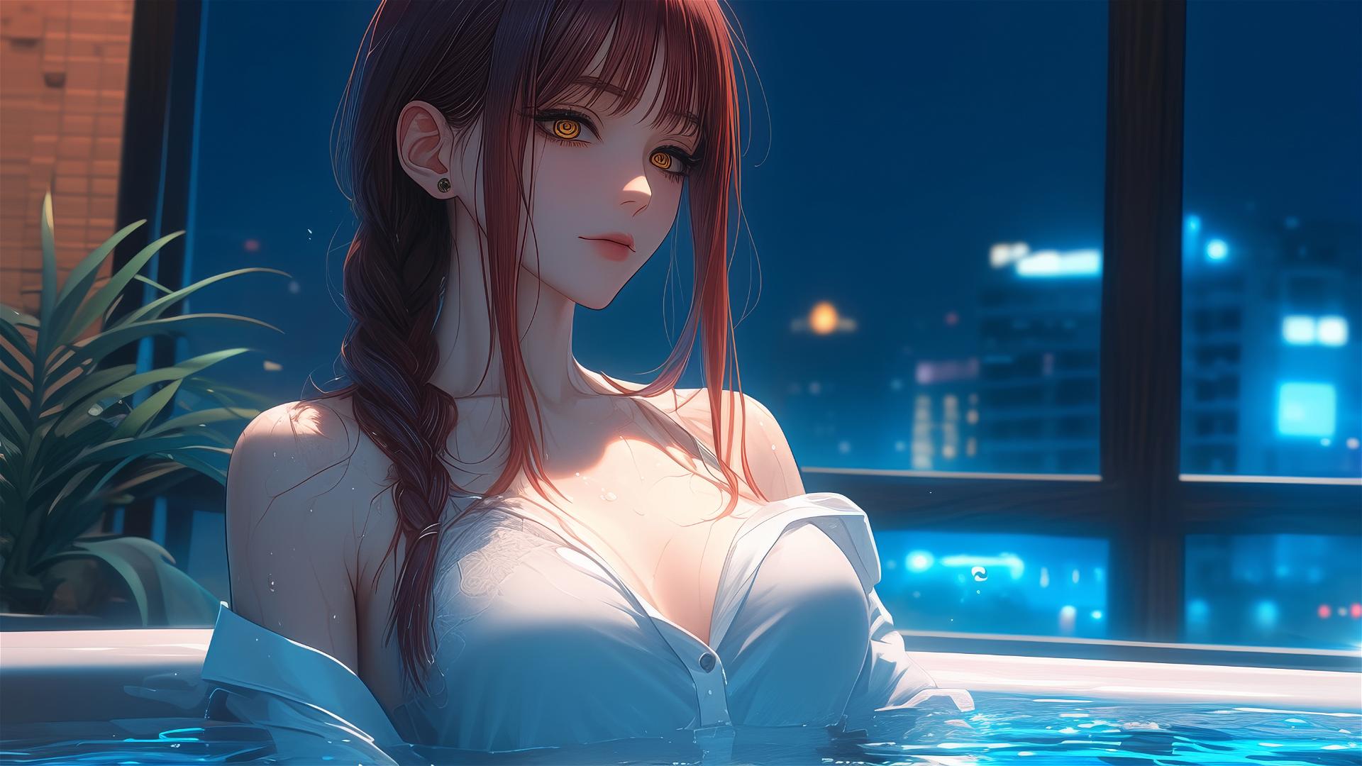 Makima from Chainsaw Man resting in apartment tub, moonlight casting a soft glow on her figure, blond and reddish hair