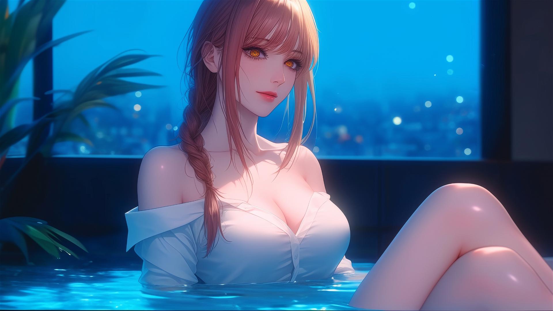 Makima from Chainsaw Man resting in tub under the moonlight, with blond and reddish hair.