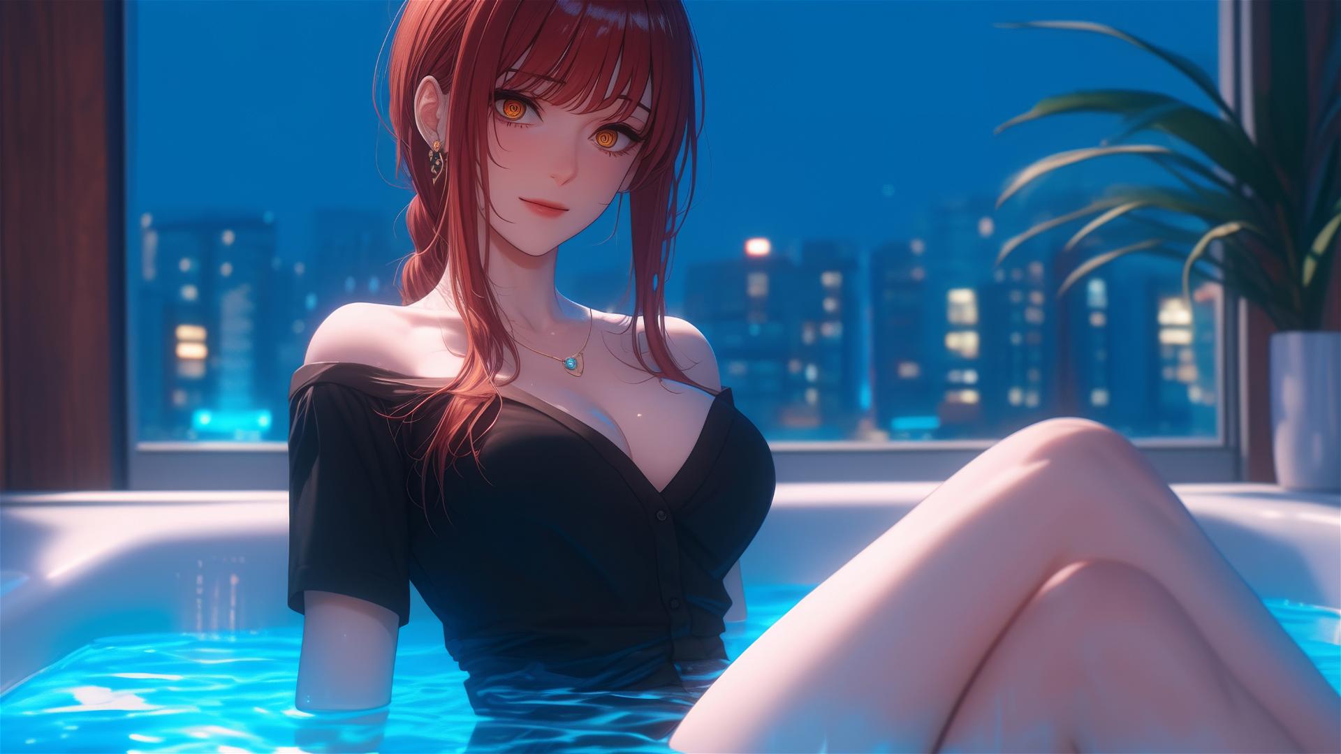 Makima from Chainsaw Man resting in a tub under moonlight