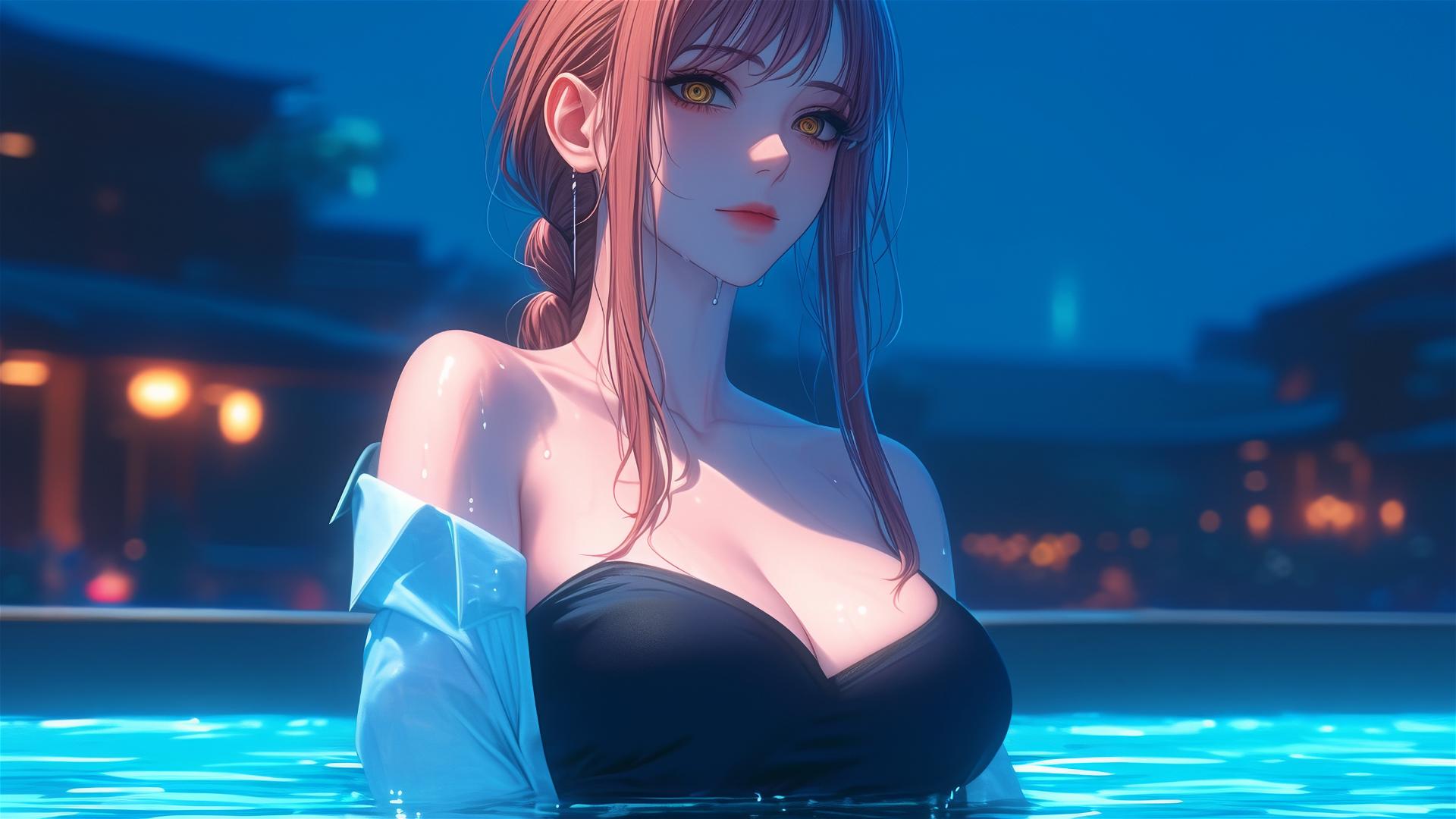 Makima from Chainsaw Man resting in tub under moonlight with blond and redish hair