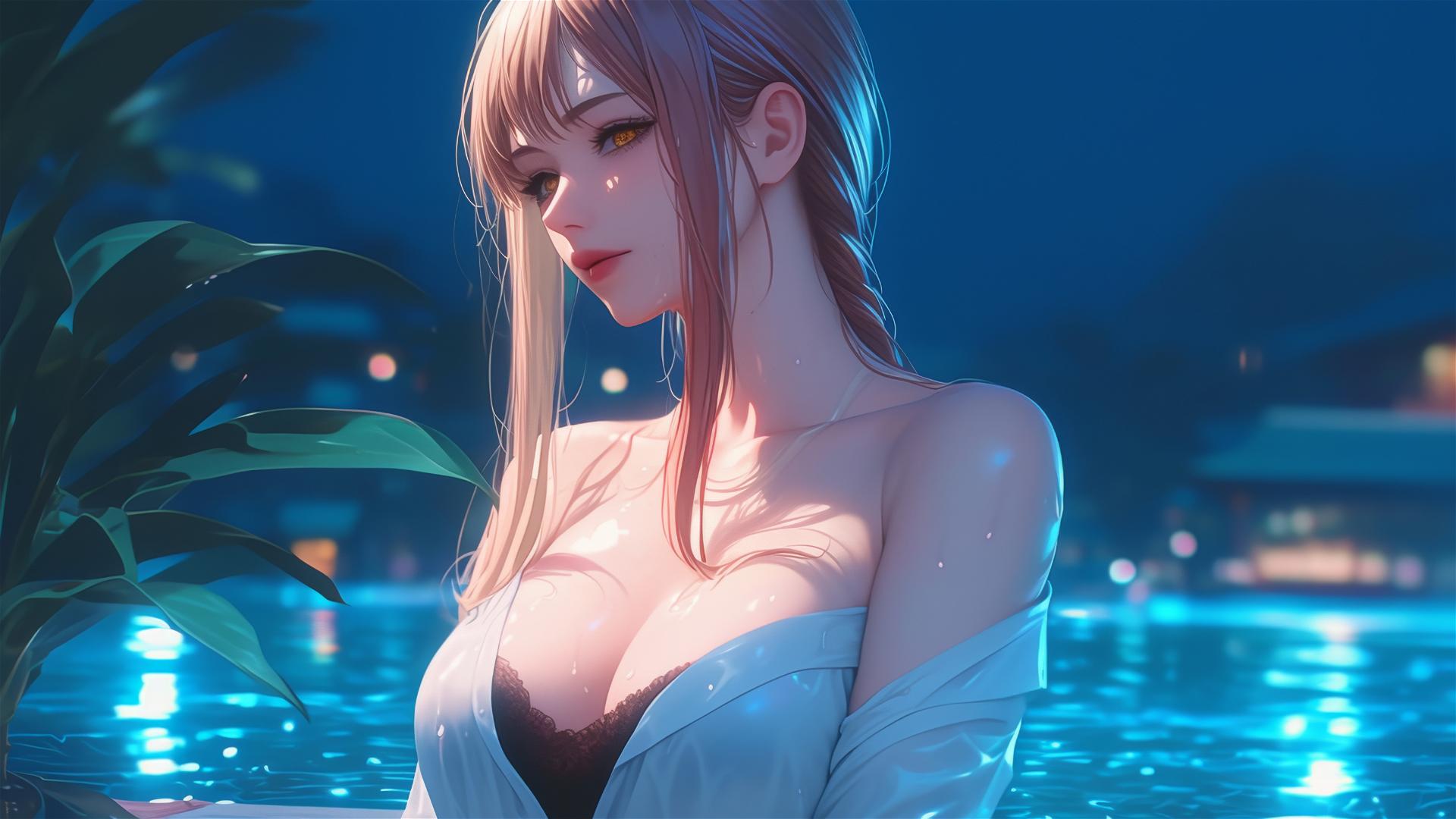 Makima from Chainsaw Man resting in a tub under moonlight