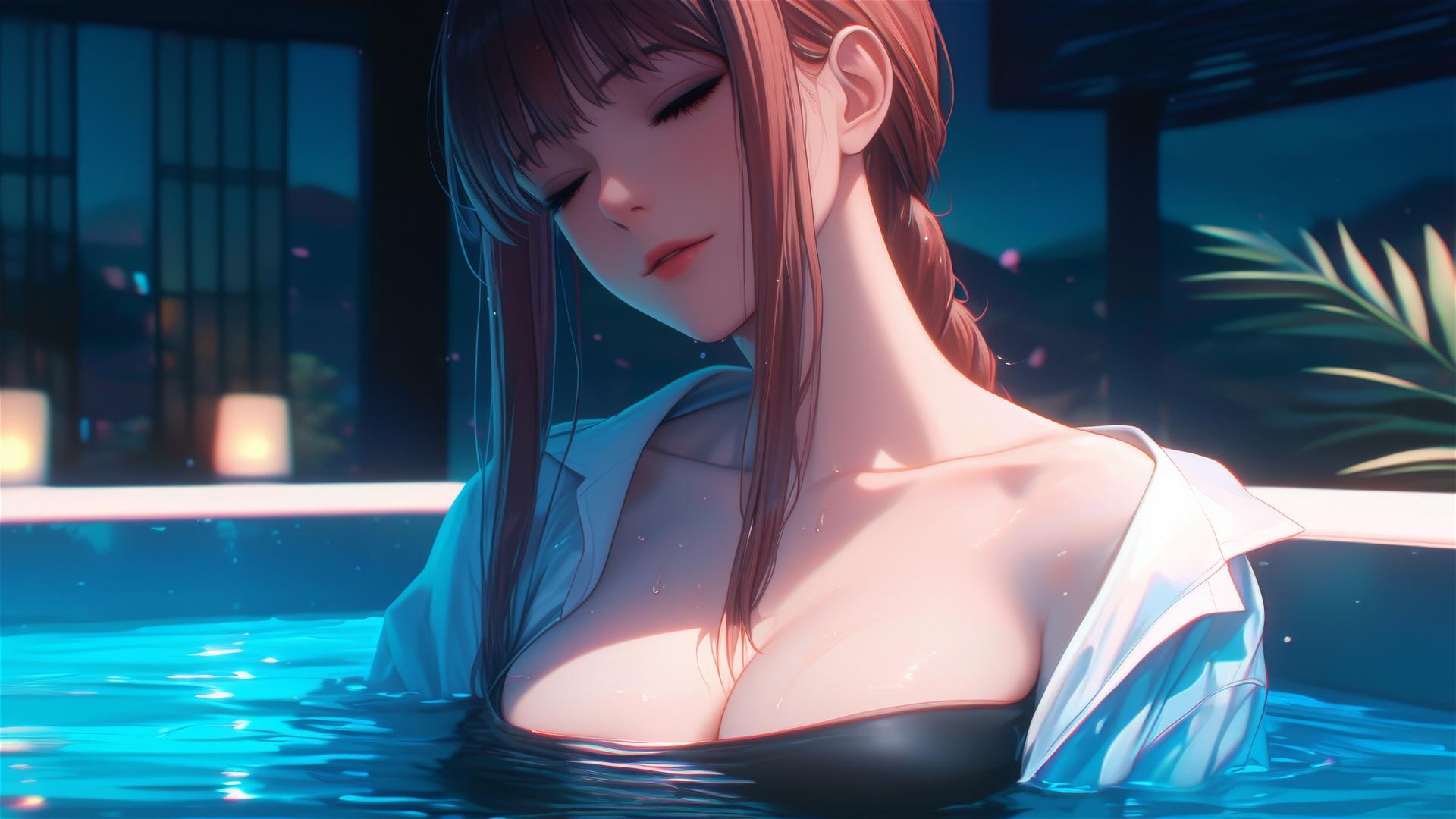 Makima from Chainsaw Man resting in tub under moonlight