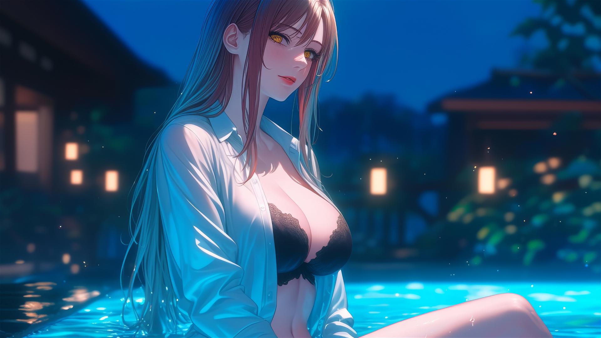 Makima from Chainsaw Man resting in a tub under the moonlight, blond and redish hair shining.